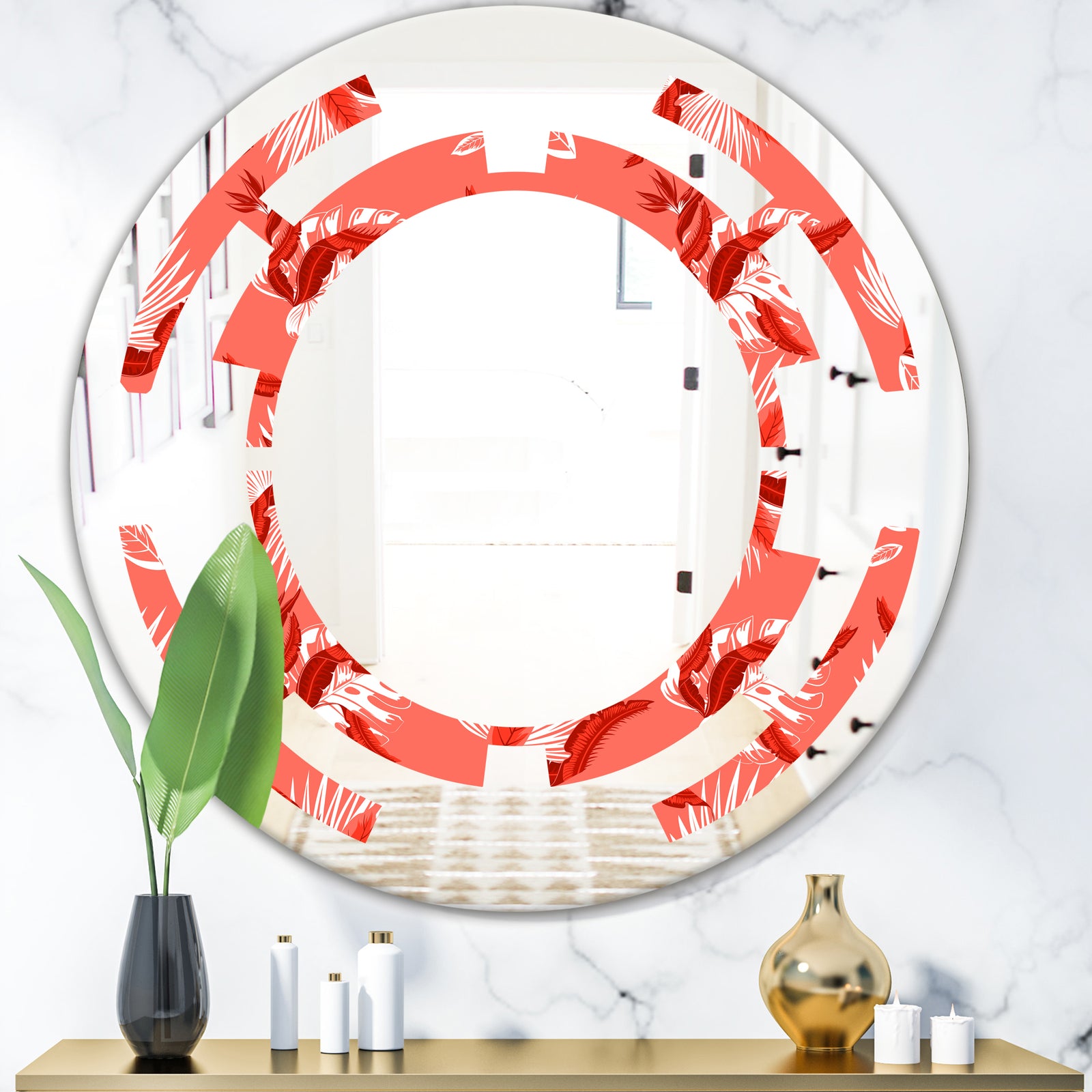 Coral Flowers Of Bird Of Paradise - Modern Round or Oval Wall Mirror - Space