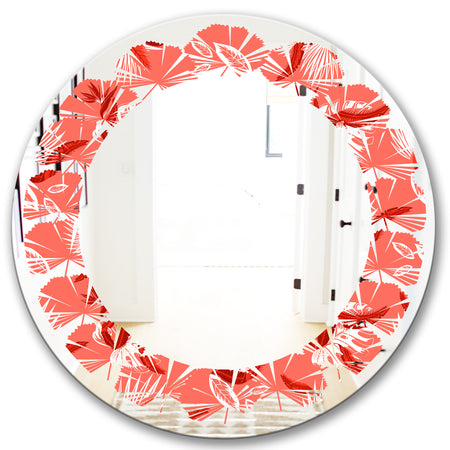 Coral Flowers Of Bird Of Paradise - Modern Round or Oval Wall Mirror - Leaves