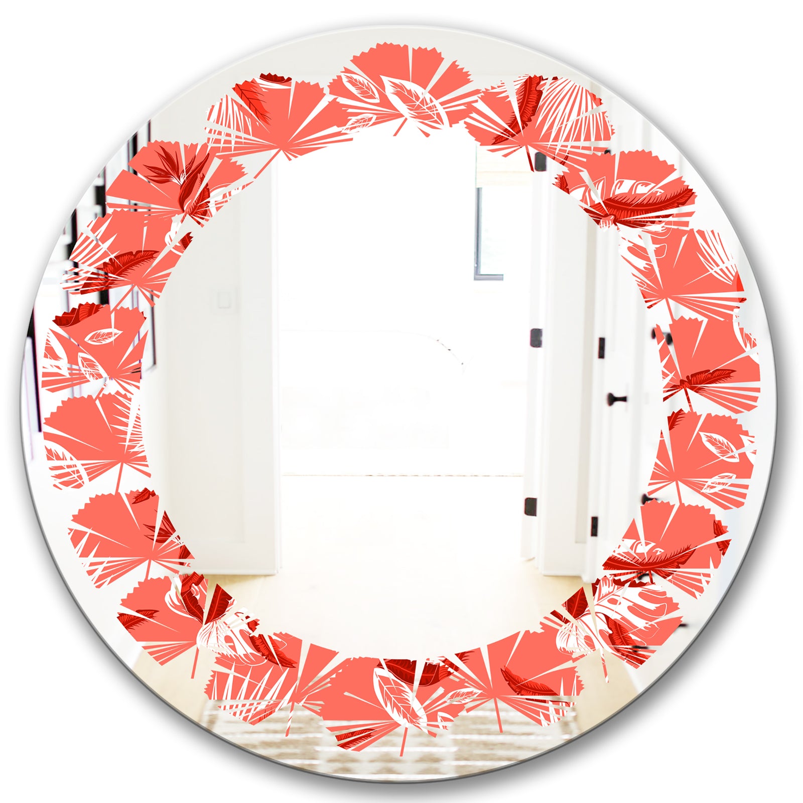 Coral Flowers Of Bird Of Paradise - Modern Round or Oval Wall Mirror - Leaves