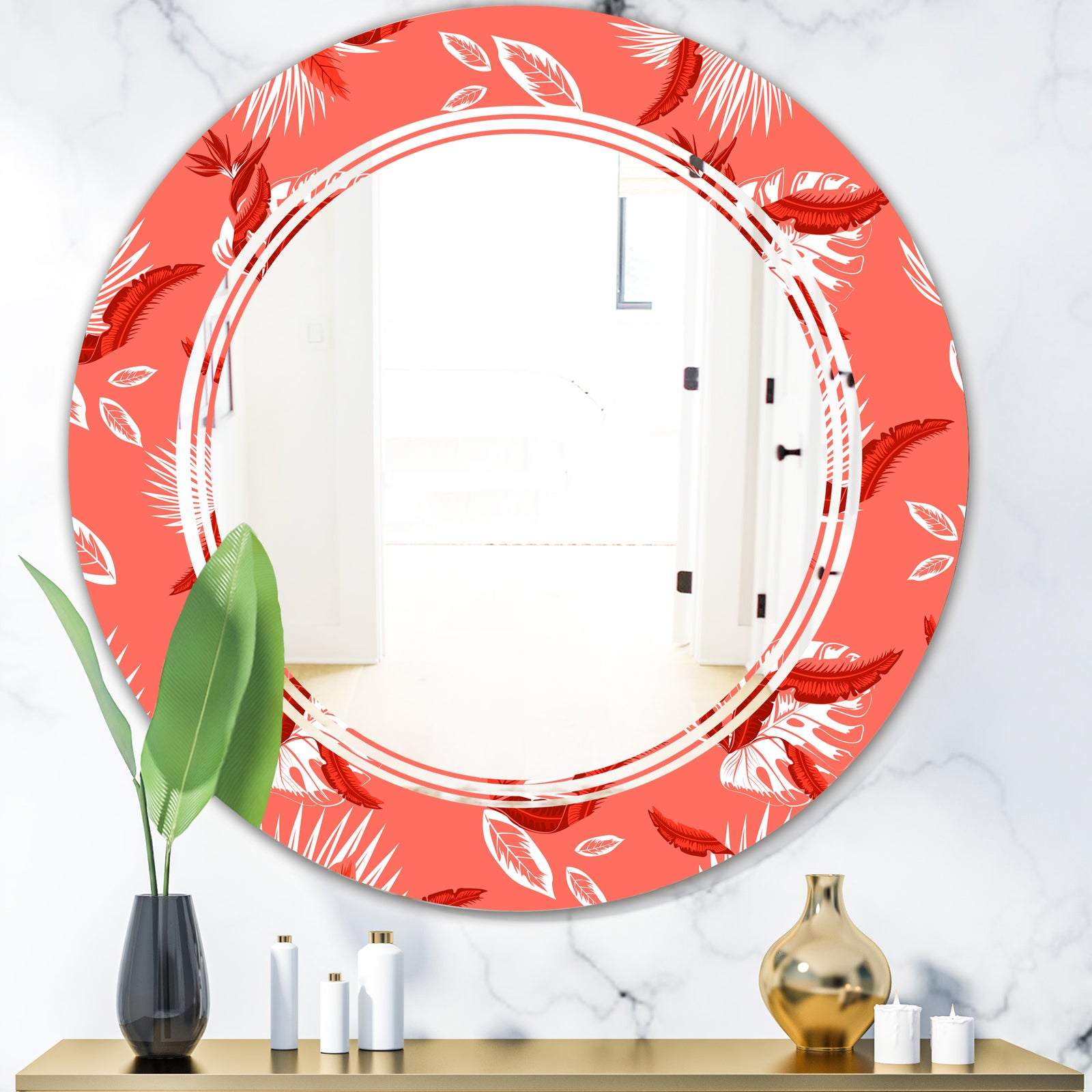 Coral Flowers Of Bird Of Paradise - Modern Round or Oval Wall Mirror - Triple C