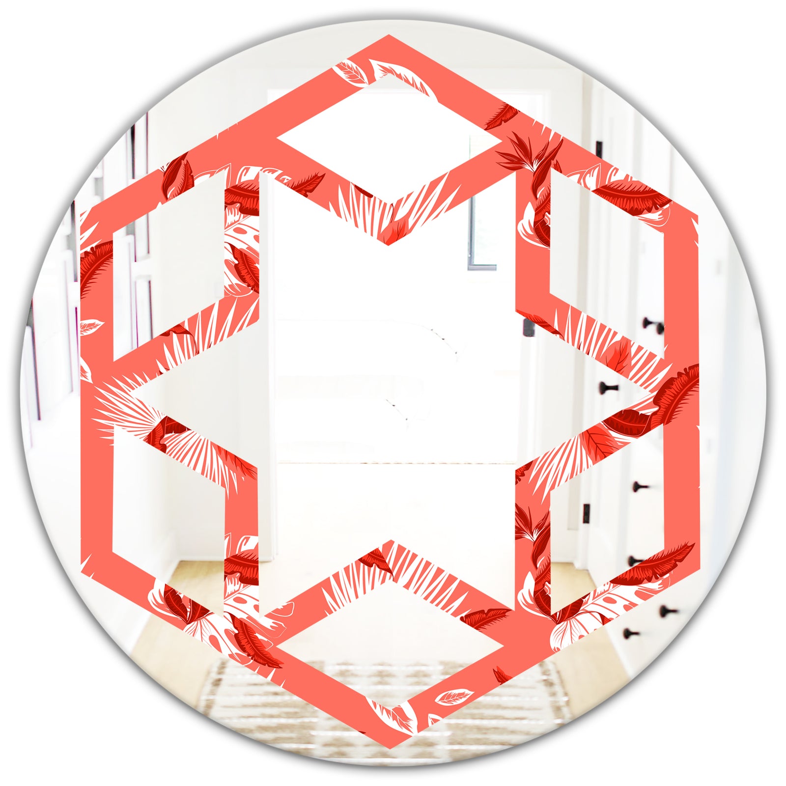 Coral Flowers Of Bird Of Paradise - Modern Round or Oval Wall Mirror - Hexagon Star