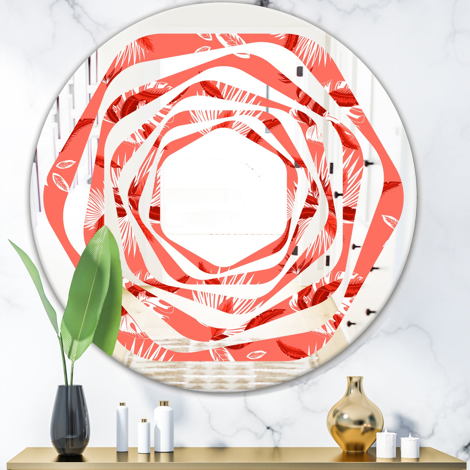 Coral Flowers Of Bird Of Paradise - Modern Round or Oval Wall Mirror - Whirl