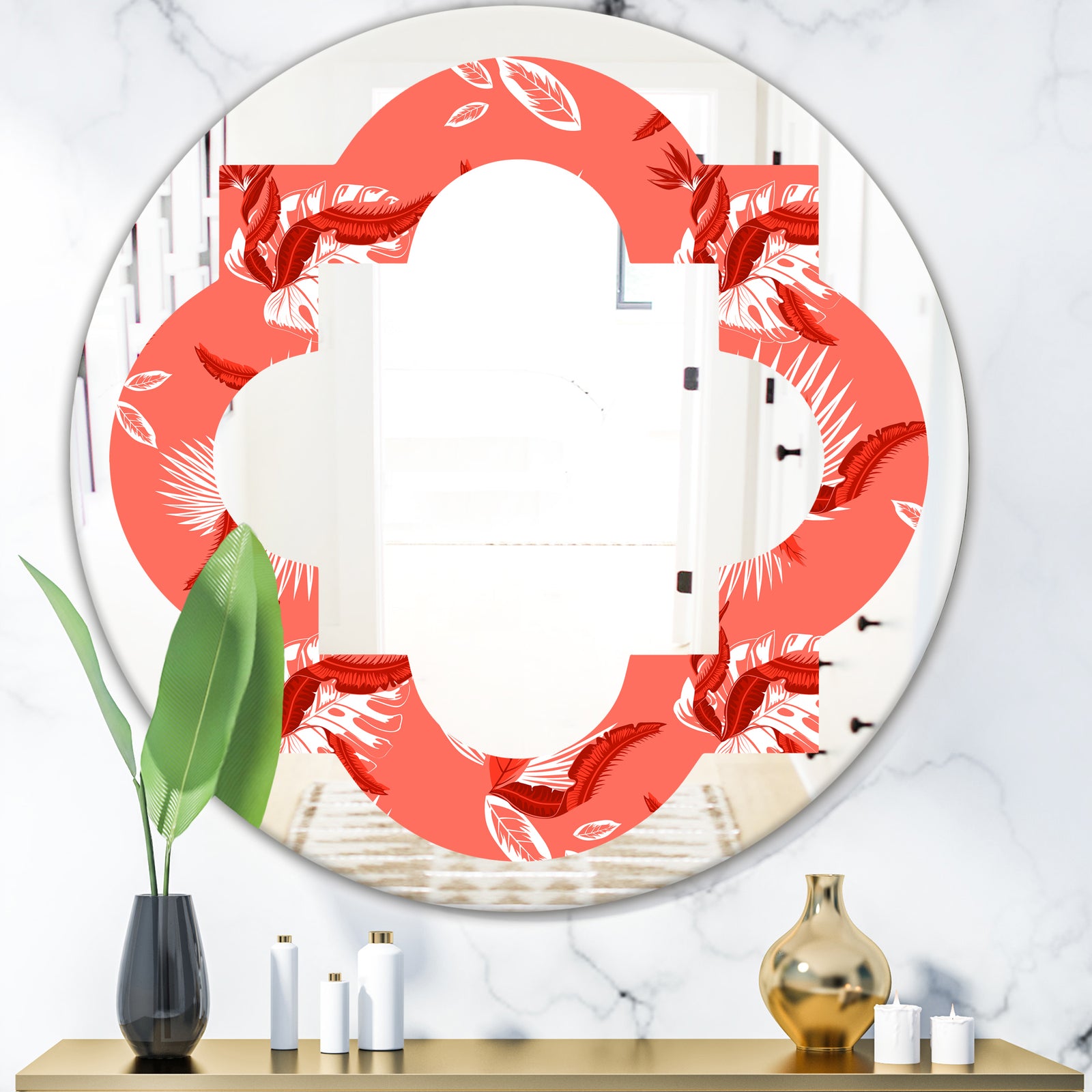 Coral Flowers Of Bird Of Paradise - Modern Round or Oval Wall Mirror - Quatrefoil