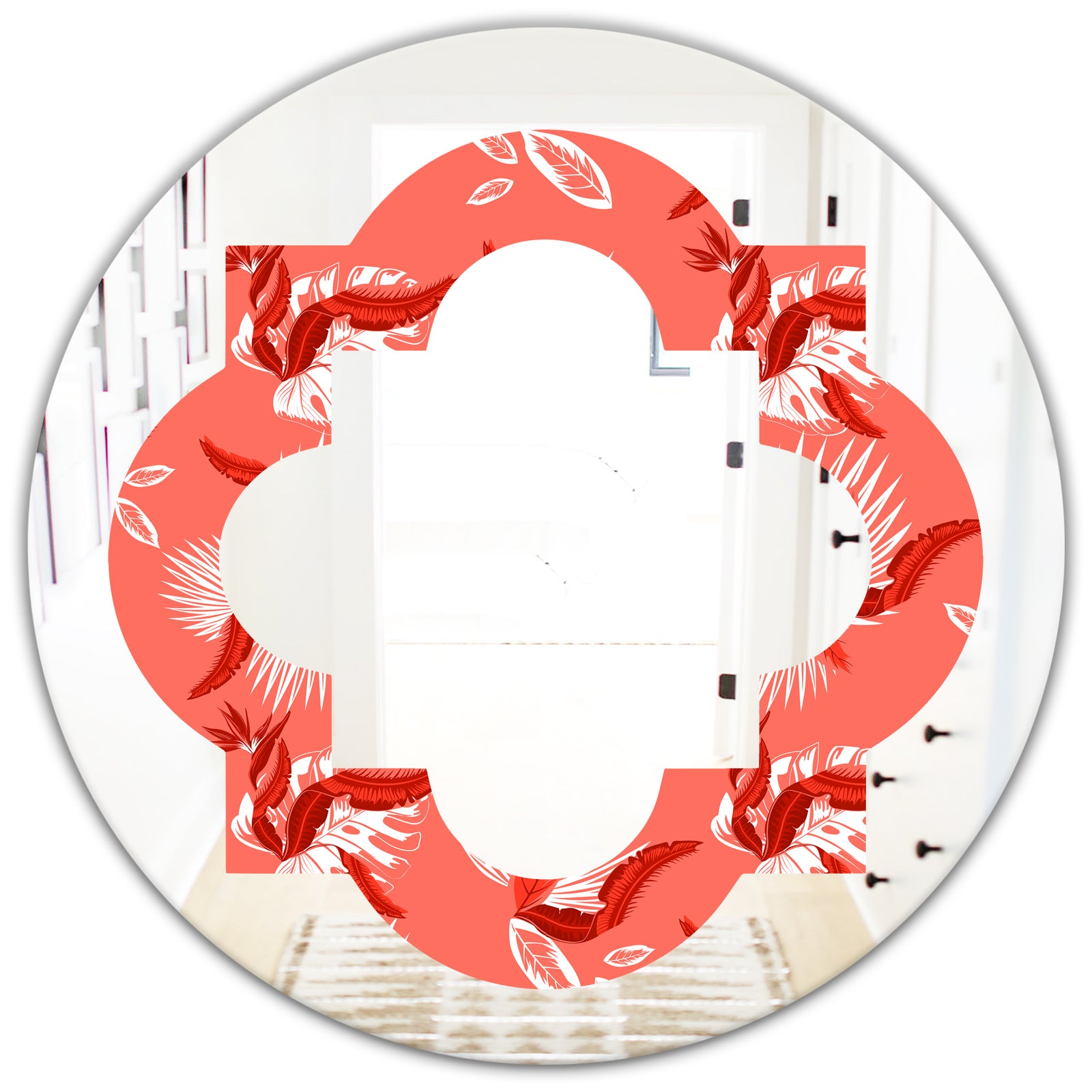 Coral Flowers Of Bird Of Paradise - Modern Round or Oval Wall Mirror - Quatrefoil