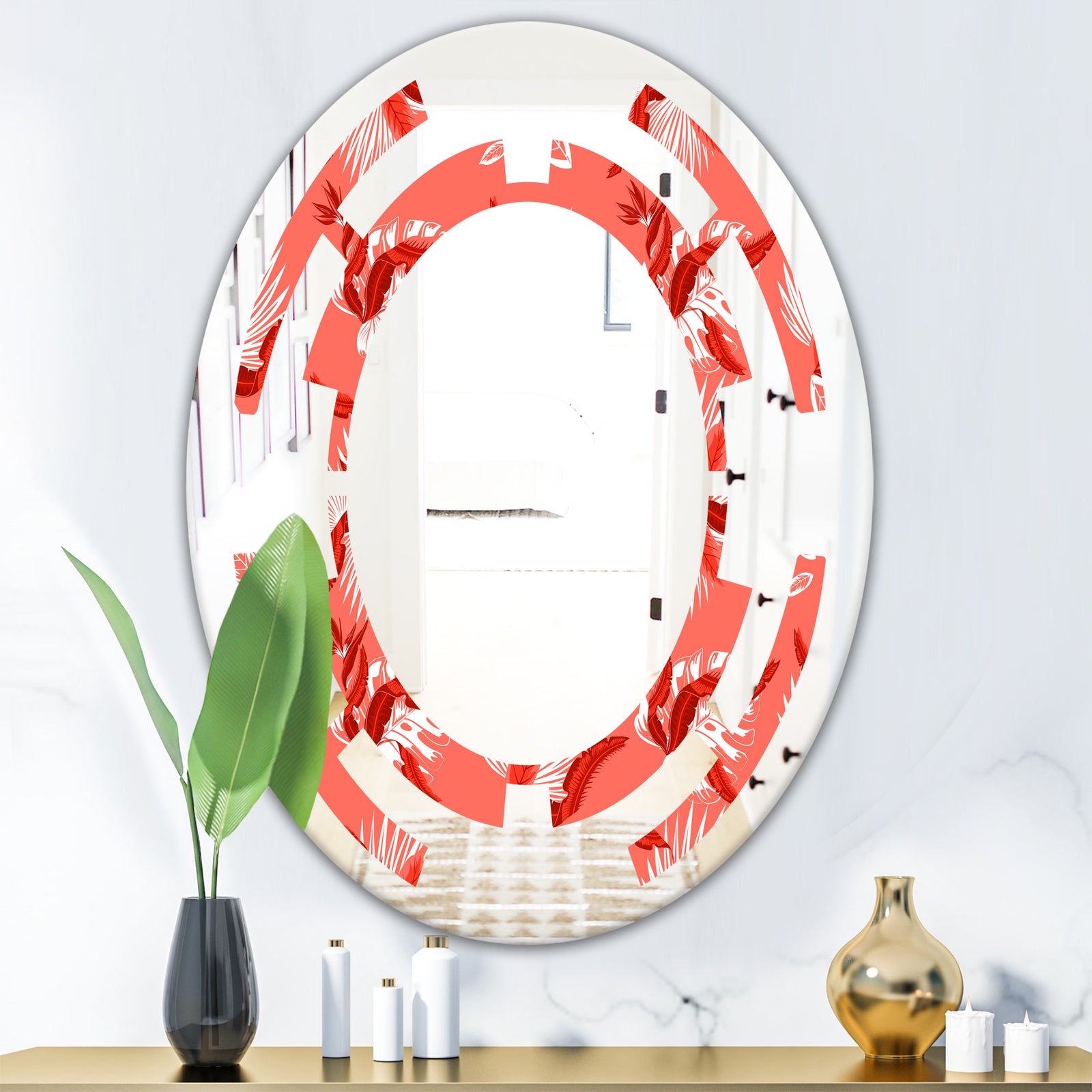 Coral Flowers Of Bird Of Paradise - Modern Round or Oval Wall Mirror - Space