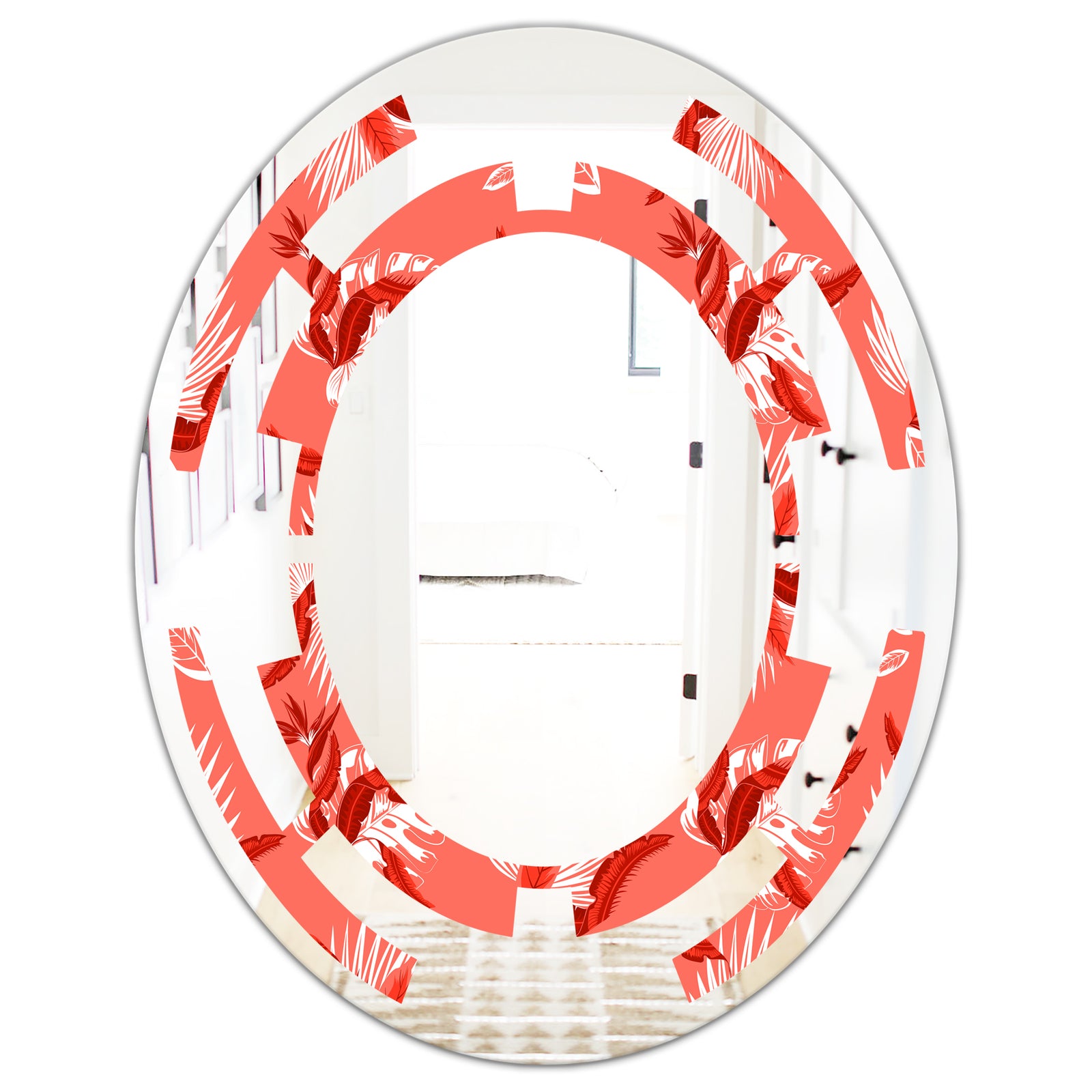 Coral Flowers Of Bird Of Paradise - Modern Round or Oval Wall Mirror - Space