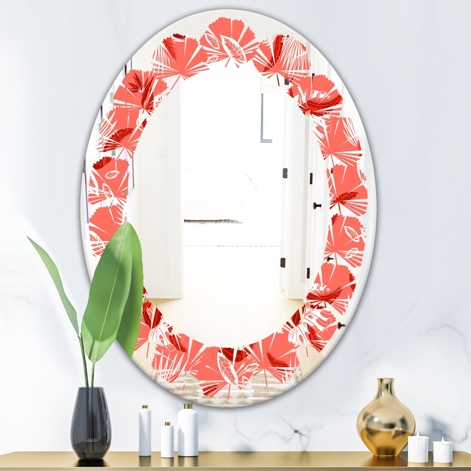 Coral Flowers Of Bird Of Paradise - Modern Round or Oval Wall Mirror - Leaves