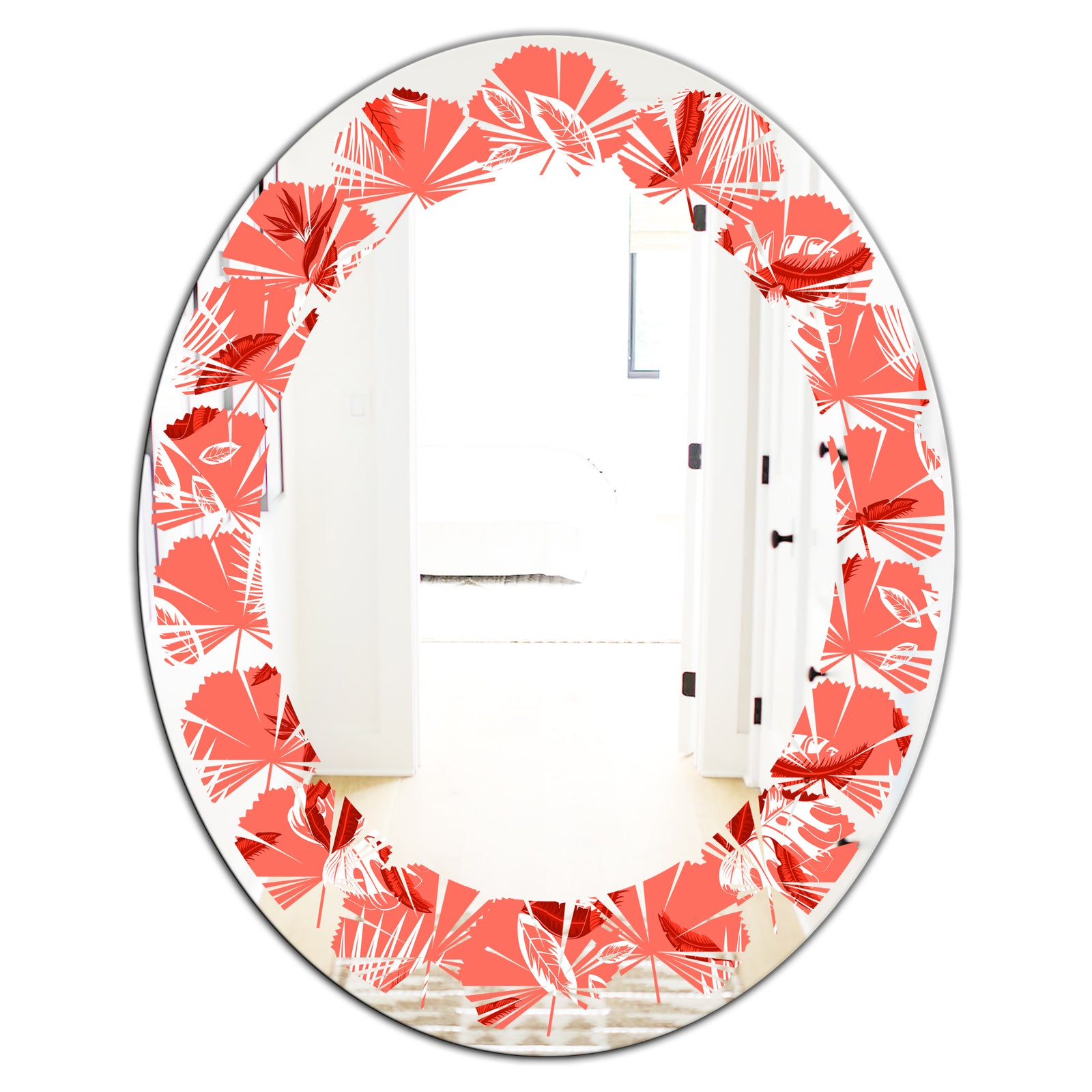 Coral Flowers Of Bird Of Paradise - Modern Round or Oval Wall Mirror - Leaves