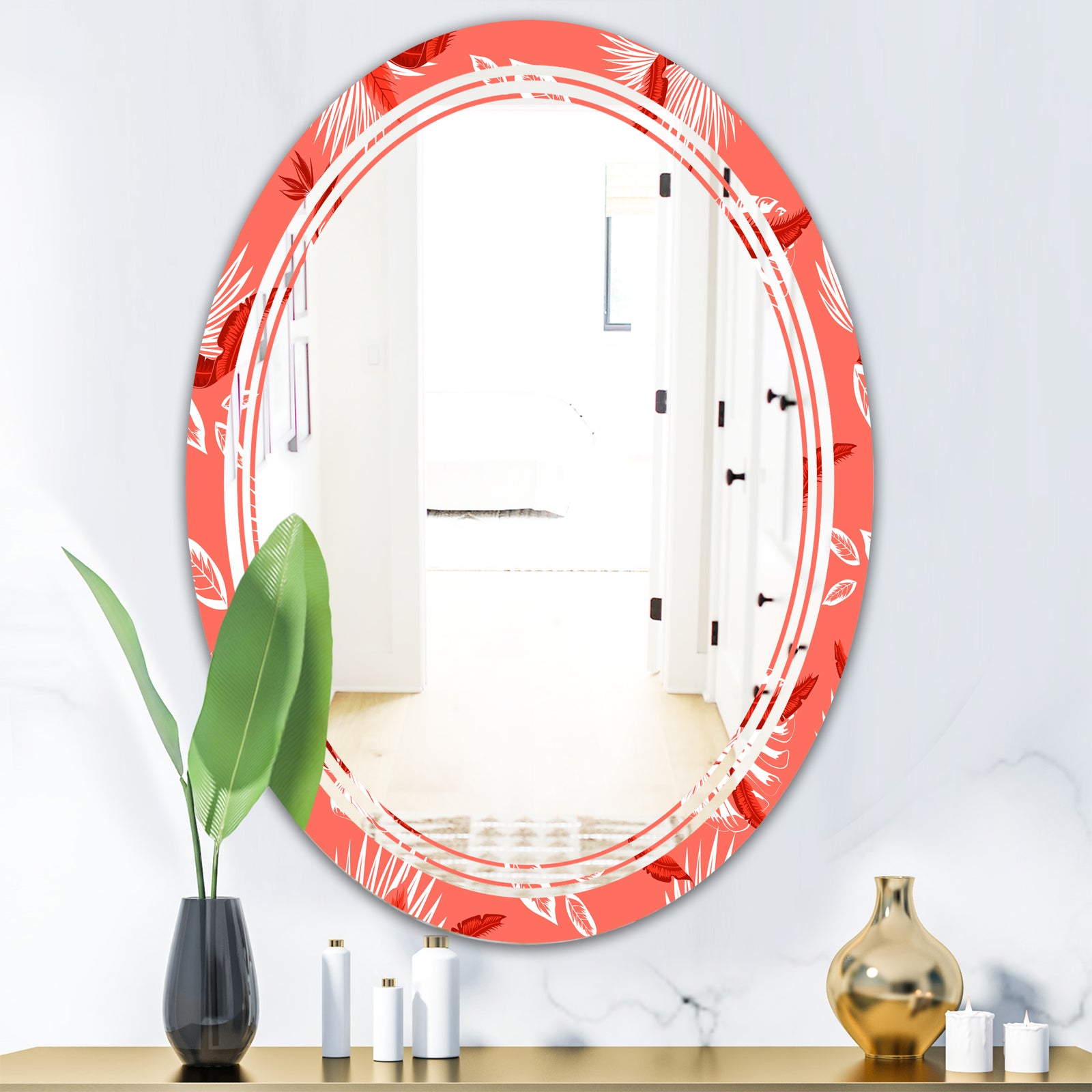 Coral Flowers Of Bird Of Paradise - Modern Round or Oval Wall Mirror - Triple C
