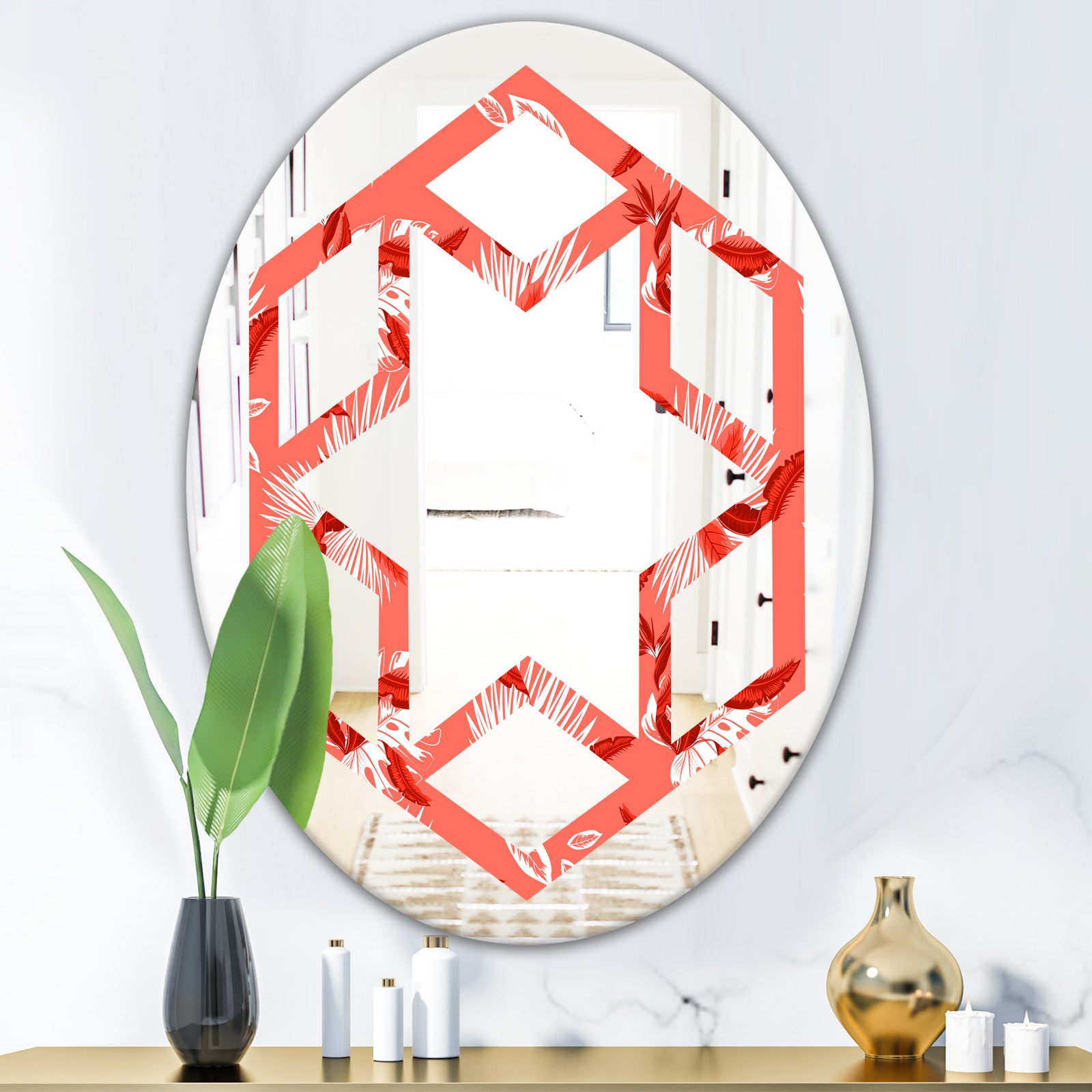 Coral Flowers Of Bird Of Paradise - Modern Round or Oval Wall Mirror - Hexagon Star