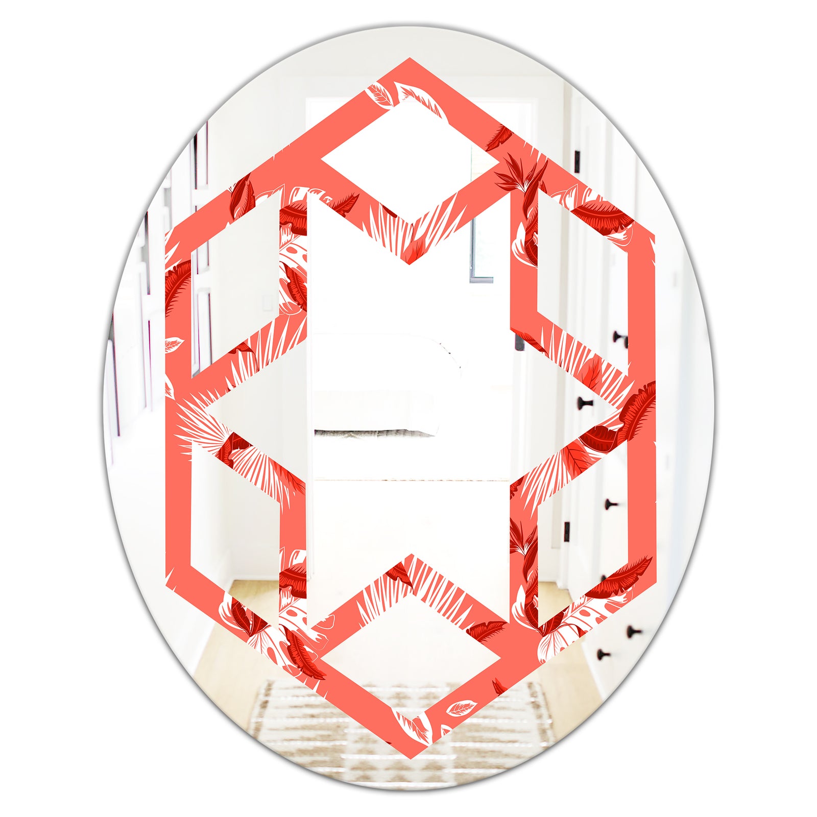 Coral Flowers Of Bird Of Paradise - Modern Round or Oval Wall Mirror - Hexagon Star