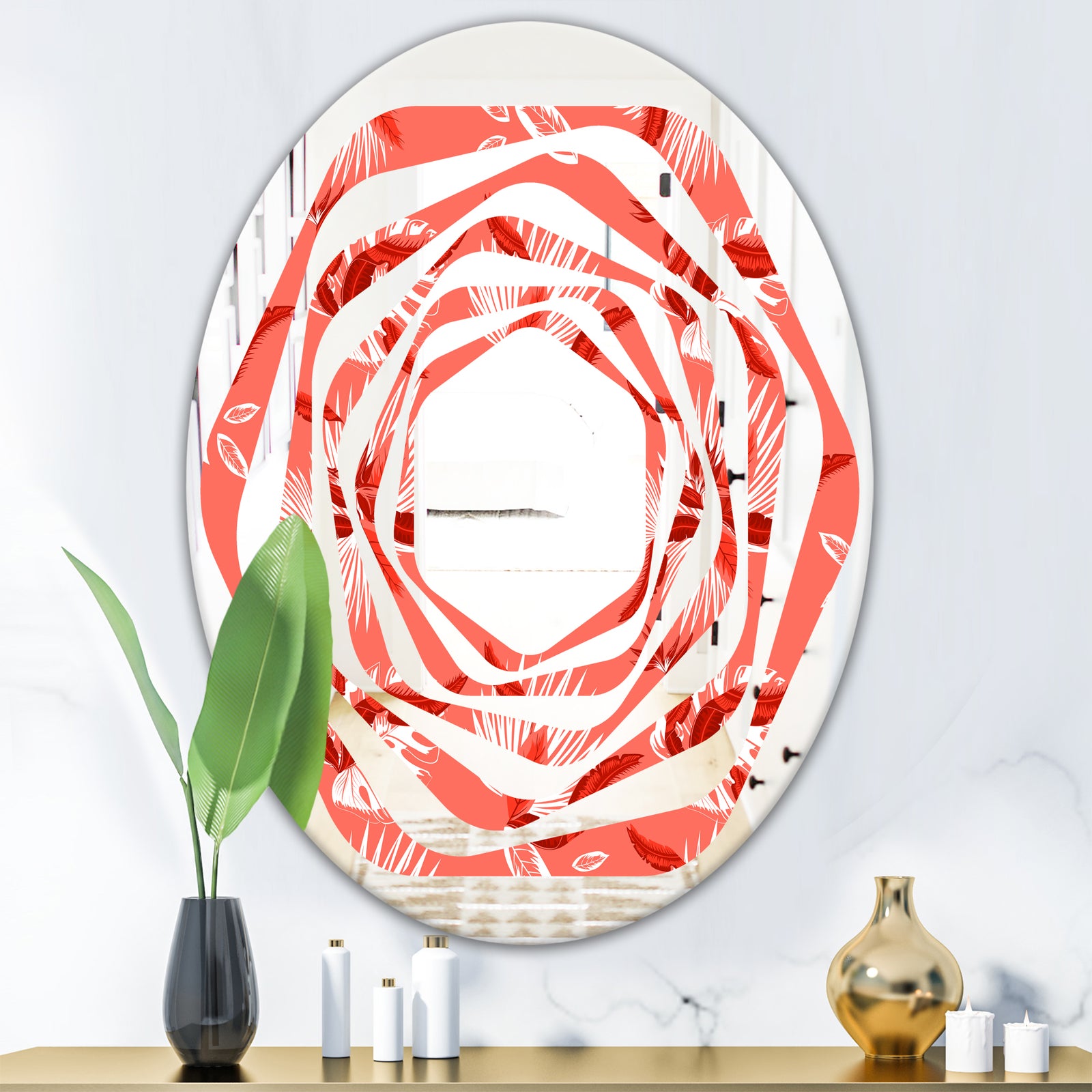 Coral Flowers Of Bird Of Paradise - Modern Round or Oval Wall Mirror - Whirl