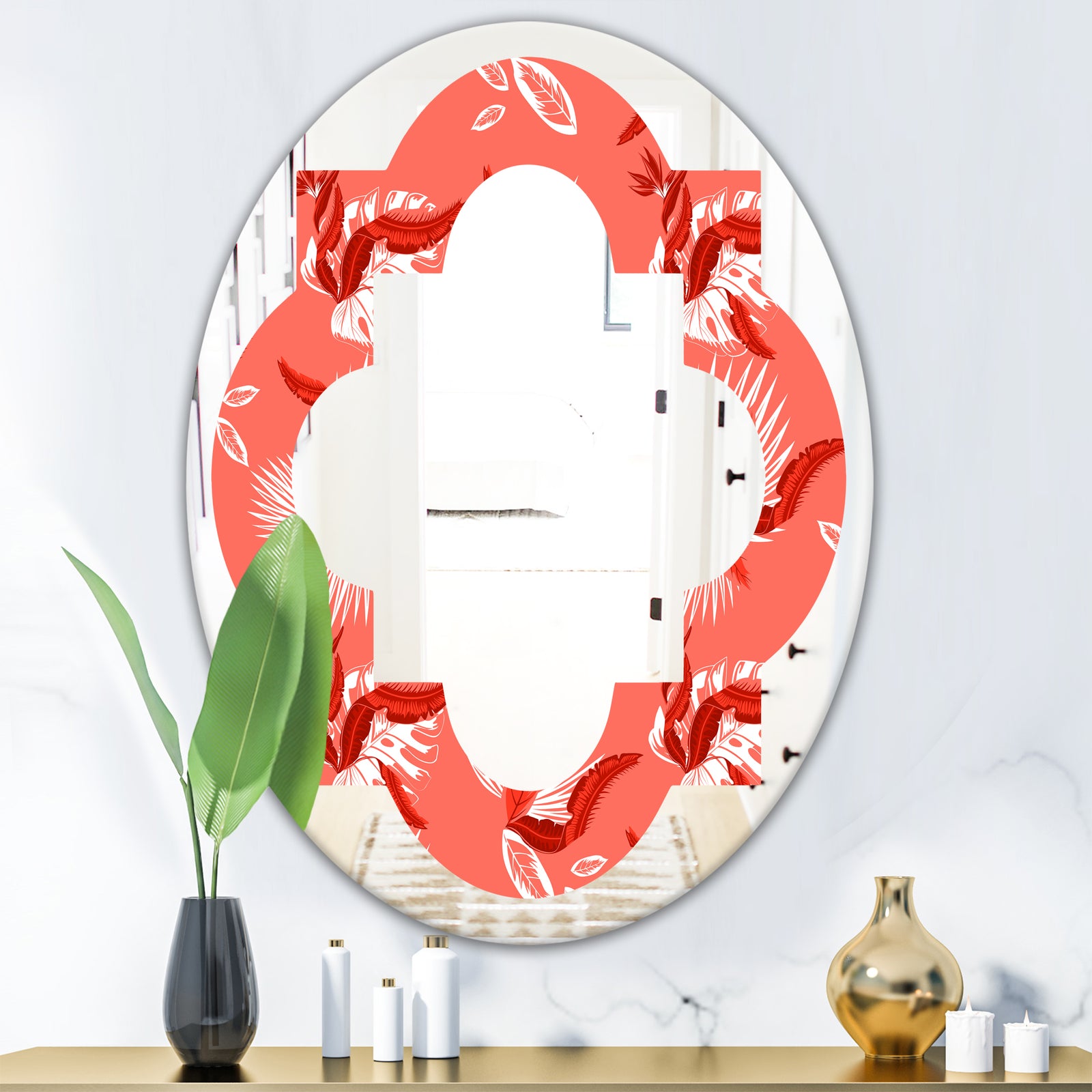 Coral Flowers Of Bird Of Paradise - Modern Round or Oval Wall Mirror - Quatrefoil
