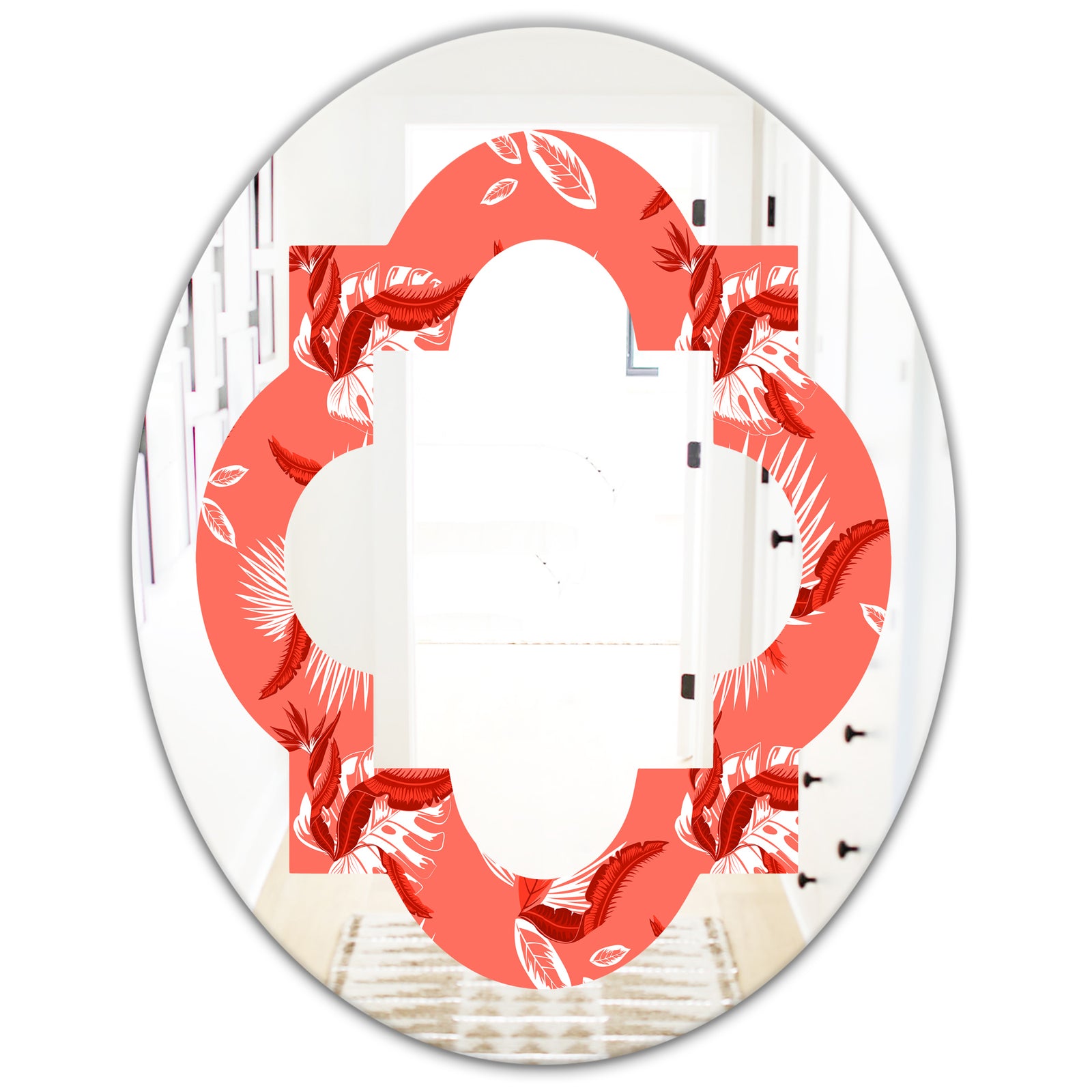 Coral Flowers Of Bird Of Paradise - Modern Round or Oval Wall Mirror - Quatrefoil