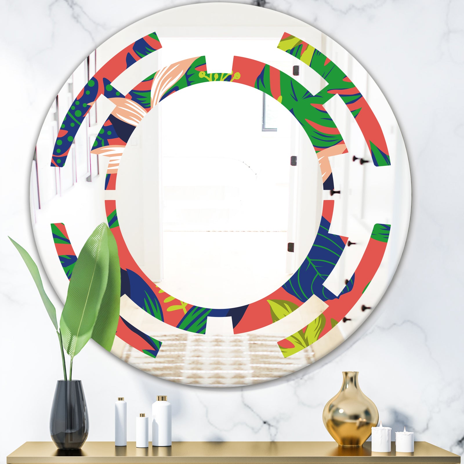 Retro Tropical Leaves I - Modern Round or Oval Wall Mirror - Space
