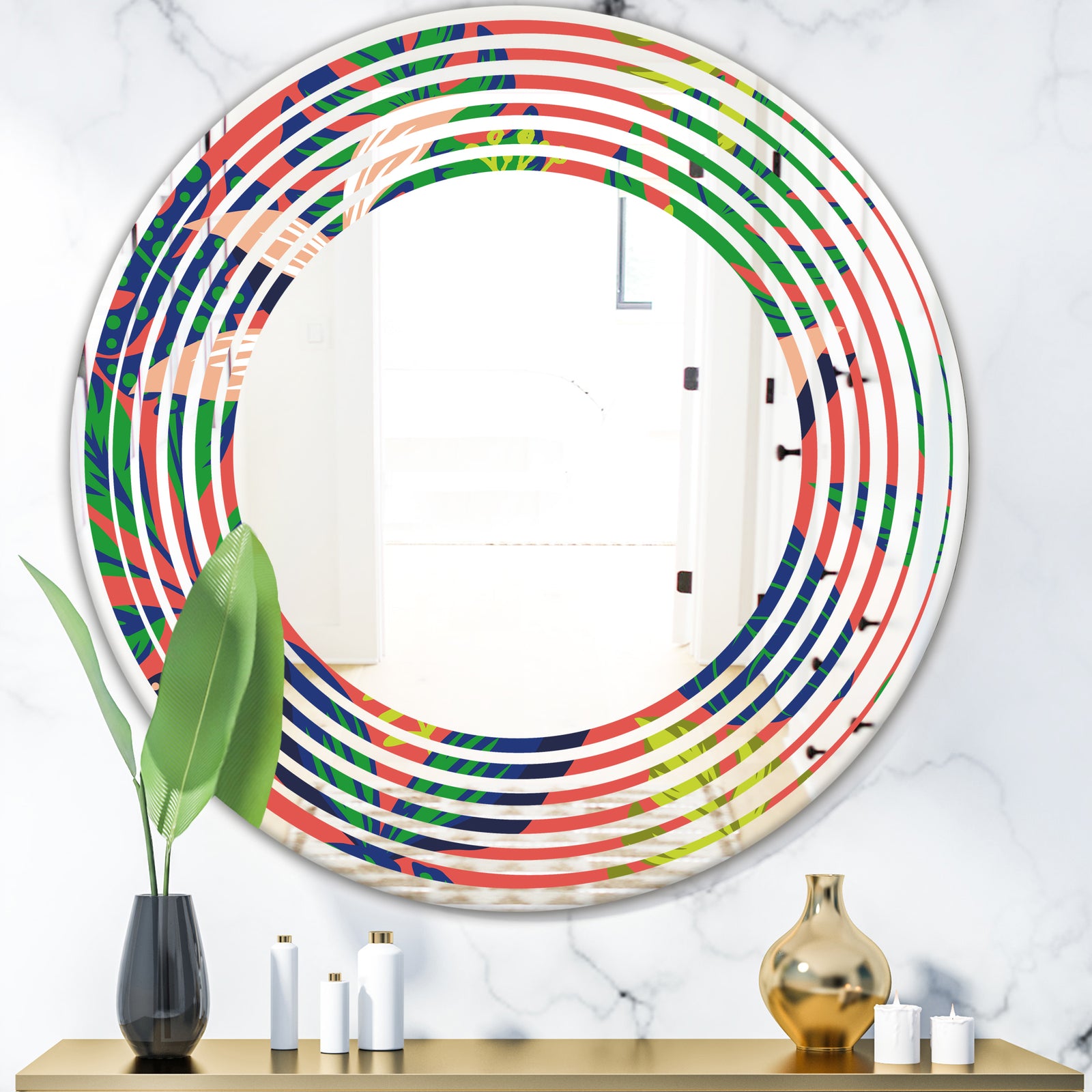 Retro Tropical Leaves I - Modern Round or Oval Wall Mirror - Wave