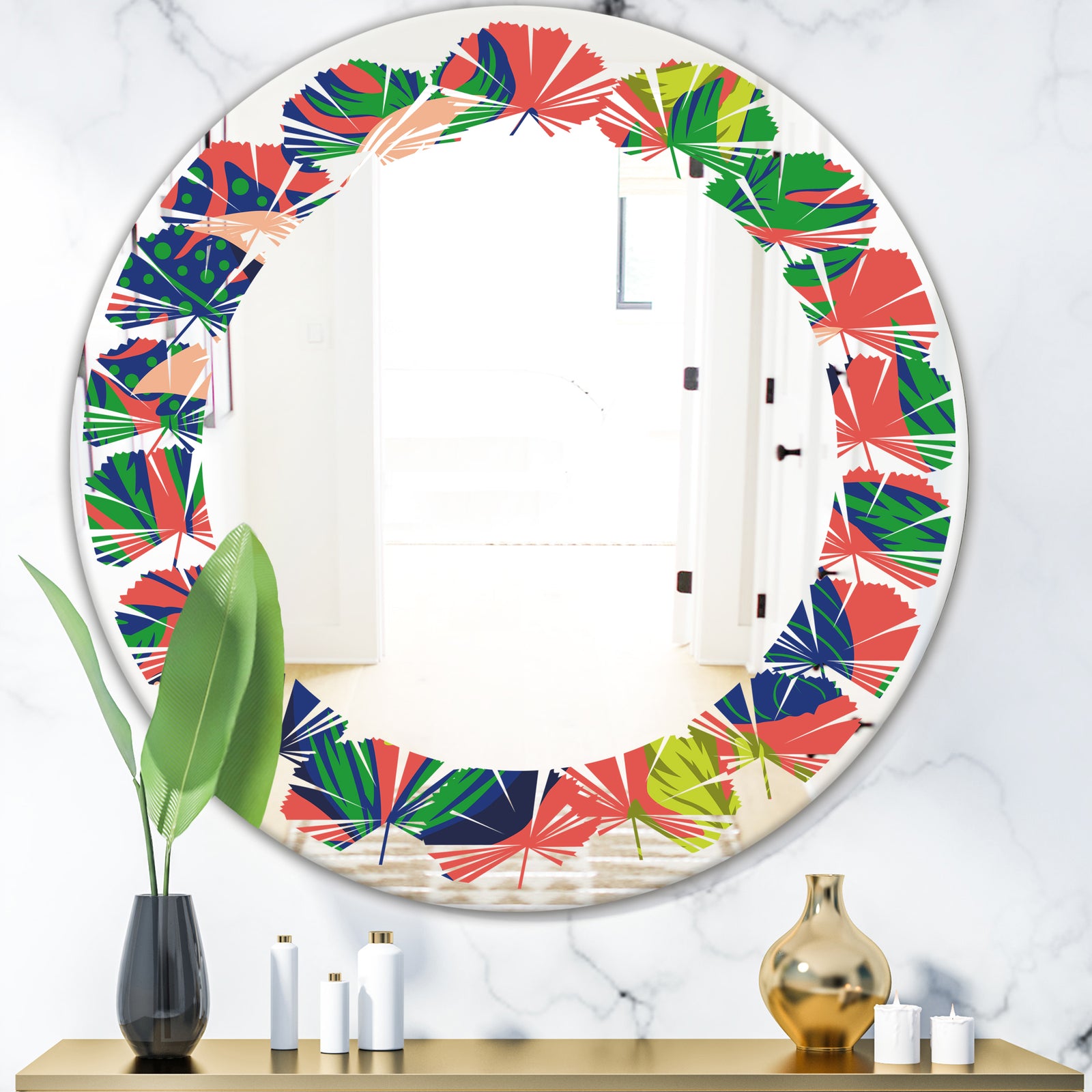 Retro Tropical Leaves I - Modern Round or Oval Wall Mirror - Leaves
