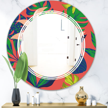 Retro Tropical Leaves I - Modern Round or Oval Wall Mirror - Triple C