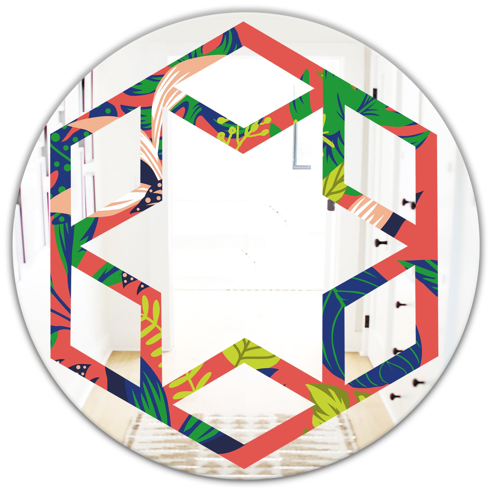 Retro Tropical Leaves I - Modern Round or Oval Wall Mirror - Hexagon Star