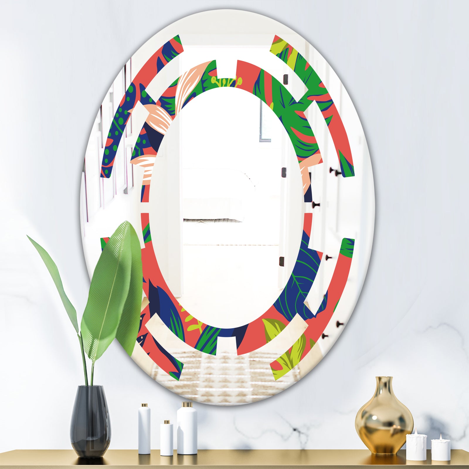 Retro Tropical Leaves I - Modern Round or Oval Wall Mirror - Space
