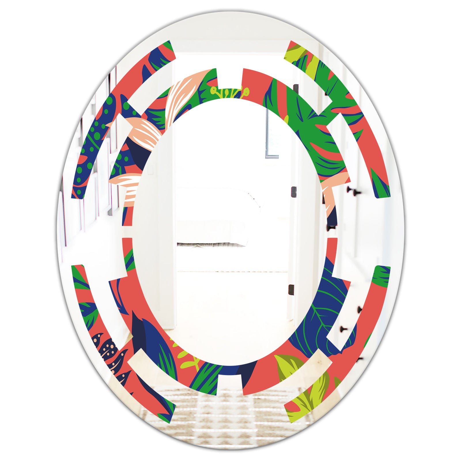 Retro Tropical Leaves I - Modern Round or Oval Wall Mirror - Space