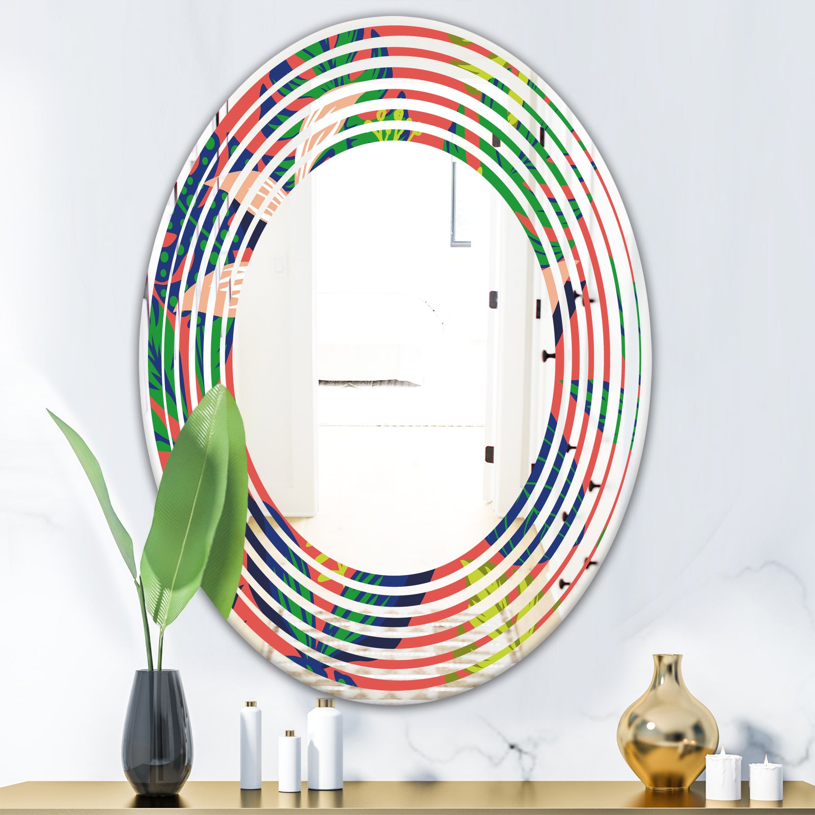Retro Tropical Leaves I - Modern Round or Oval Wall Mirror - Wave