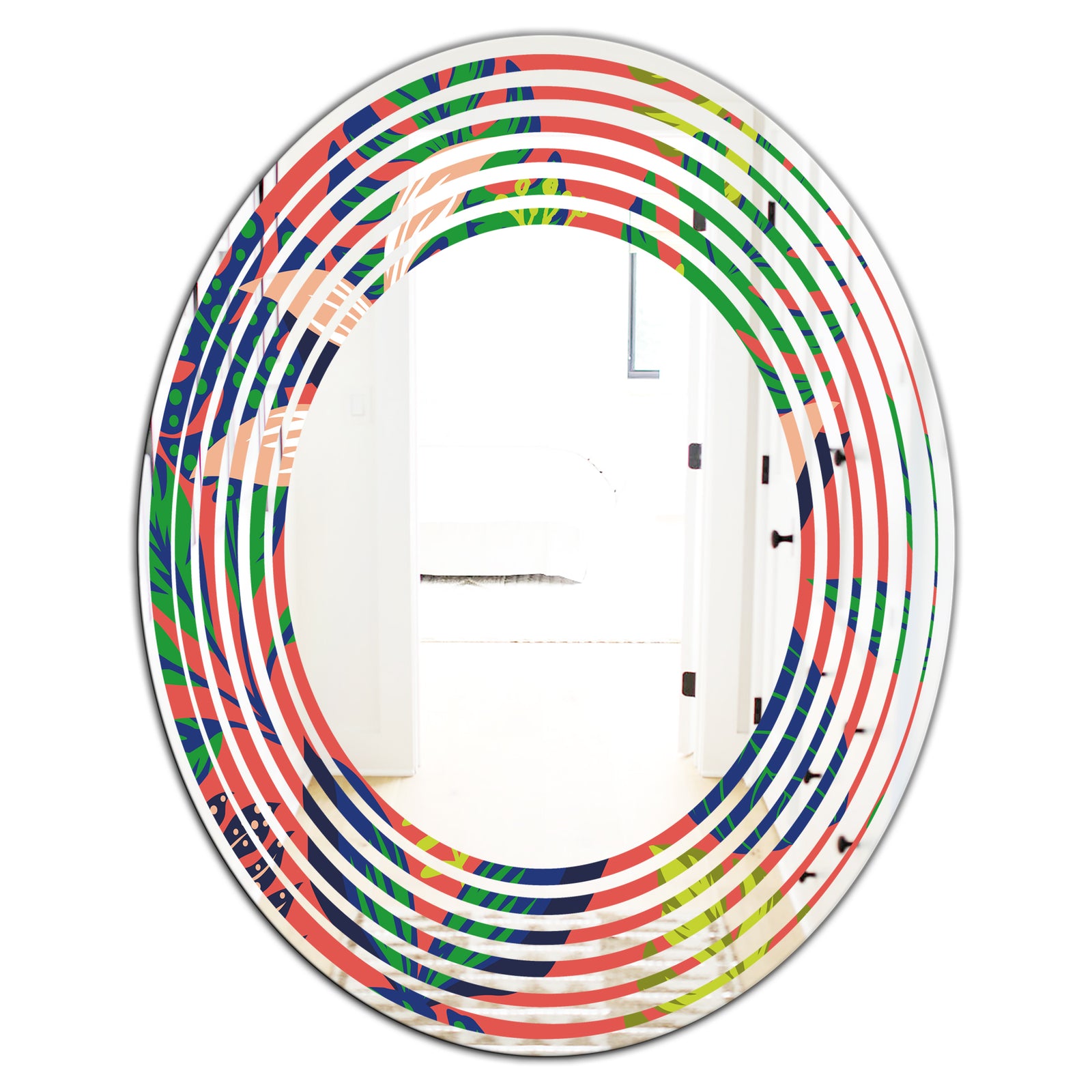 Retro Tropical Leaves I - Modern Round or Oval Wall Mirror - Wave