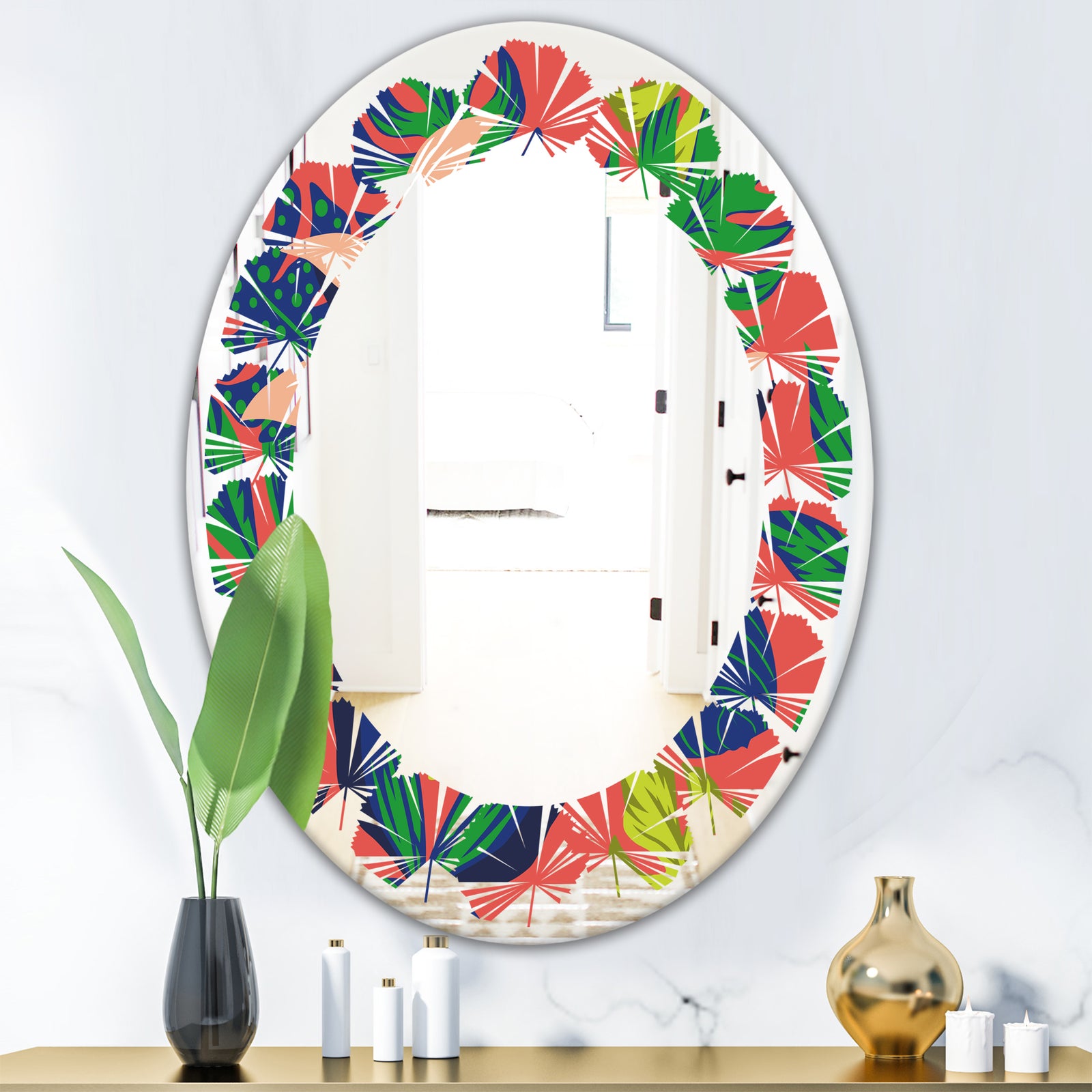 Retro Tropical Leaves I - Modern Round or Oval Wall Mirror - Leaves