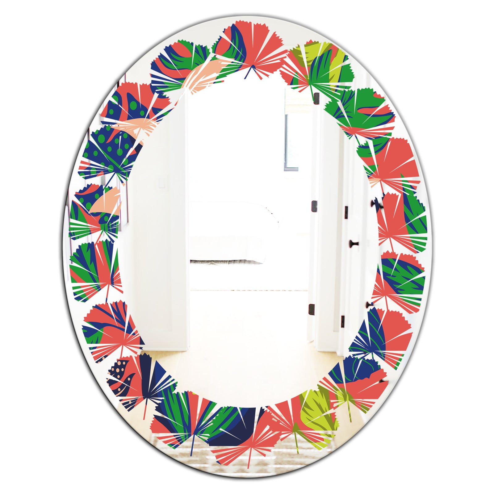 Retro Tropical Leaves I - Modern Round or Oval Wall Mirror - Leaves