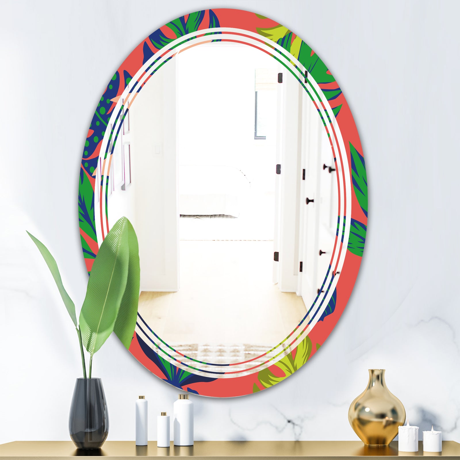Retro Tropical Leaves I - Modern Round or Oval Wall Mirror - Triple C