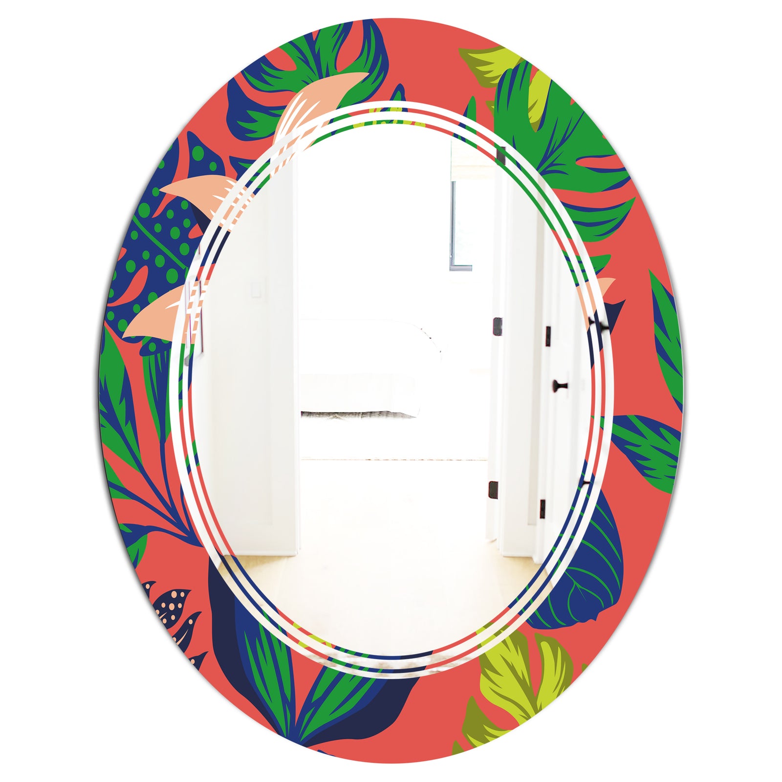Retro Tropical Leaves I - Modern Round or Oval Wall Mirror - Triple C