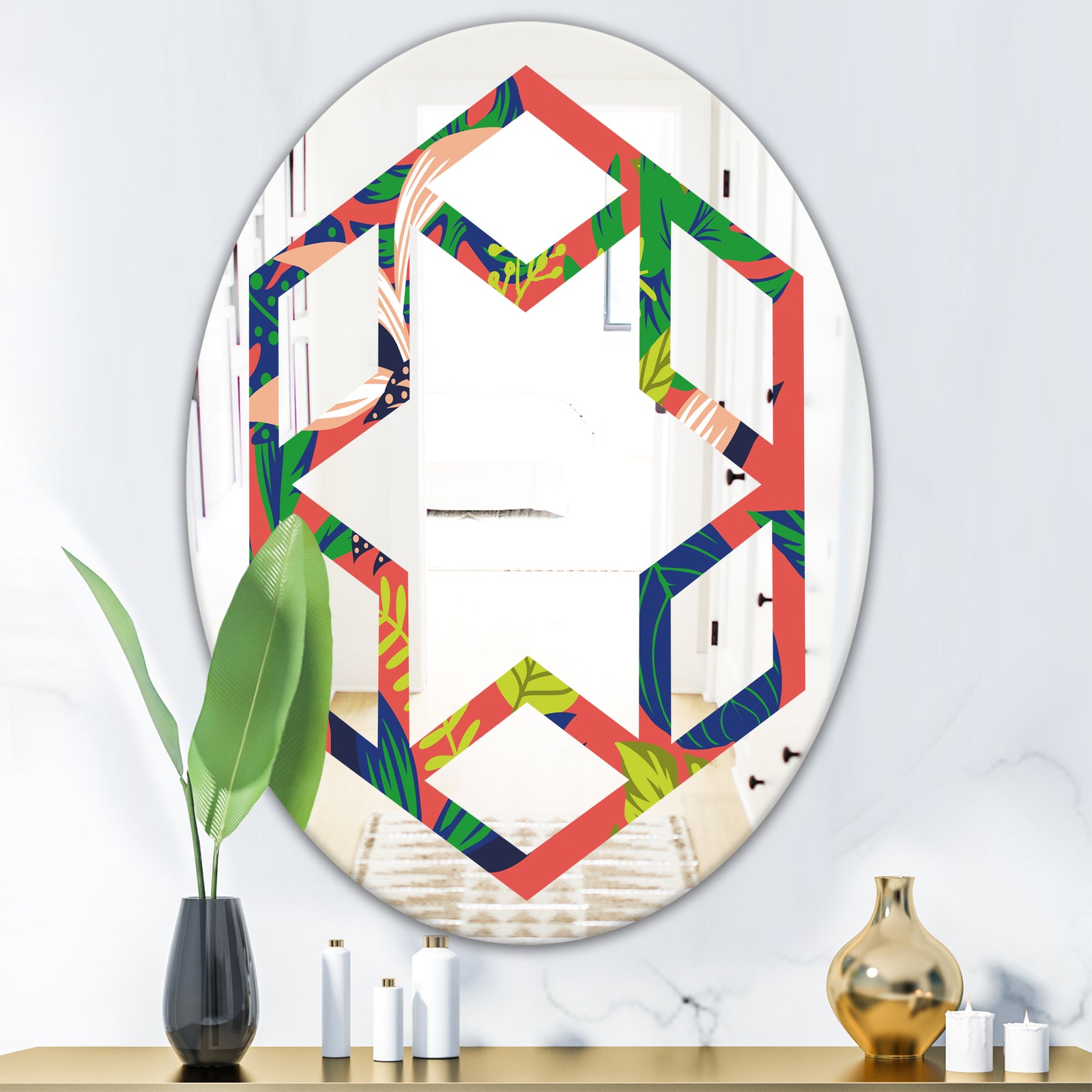 Retro Tropical Leaves I - Modern Round or Oval Wall Mirror - Hexagon Star
