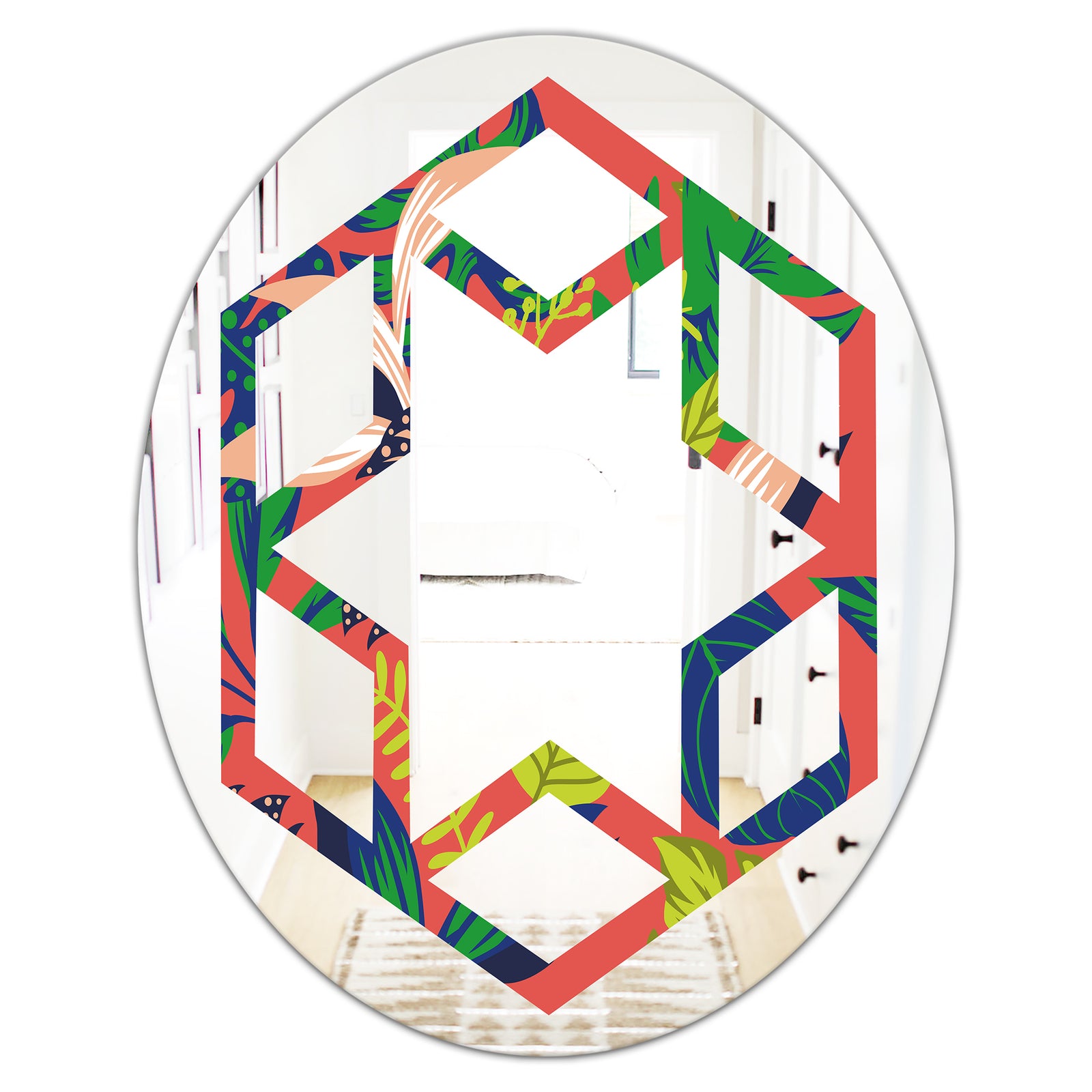 Retro Tropical Leaves I - Modern Round or Oval Wall Mirror - Hexagon Star