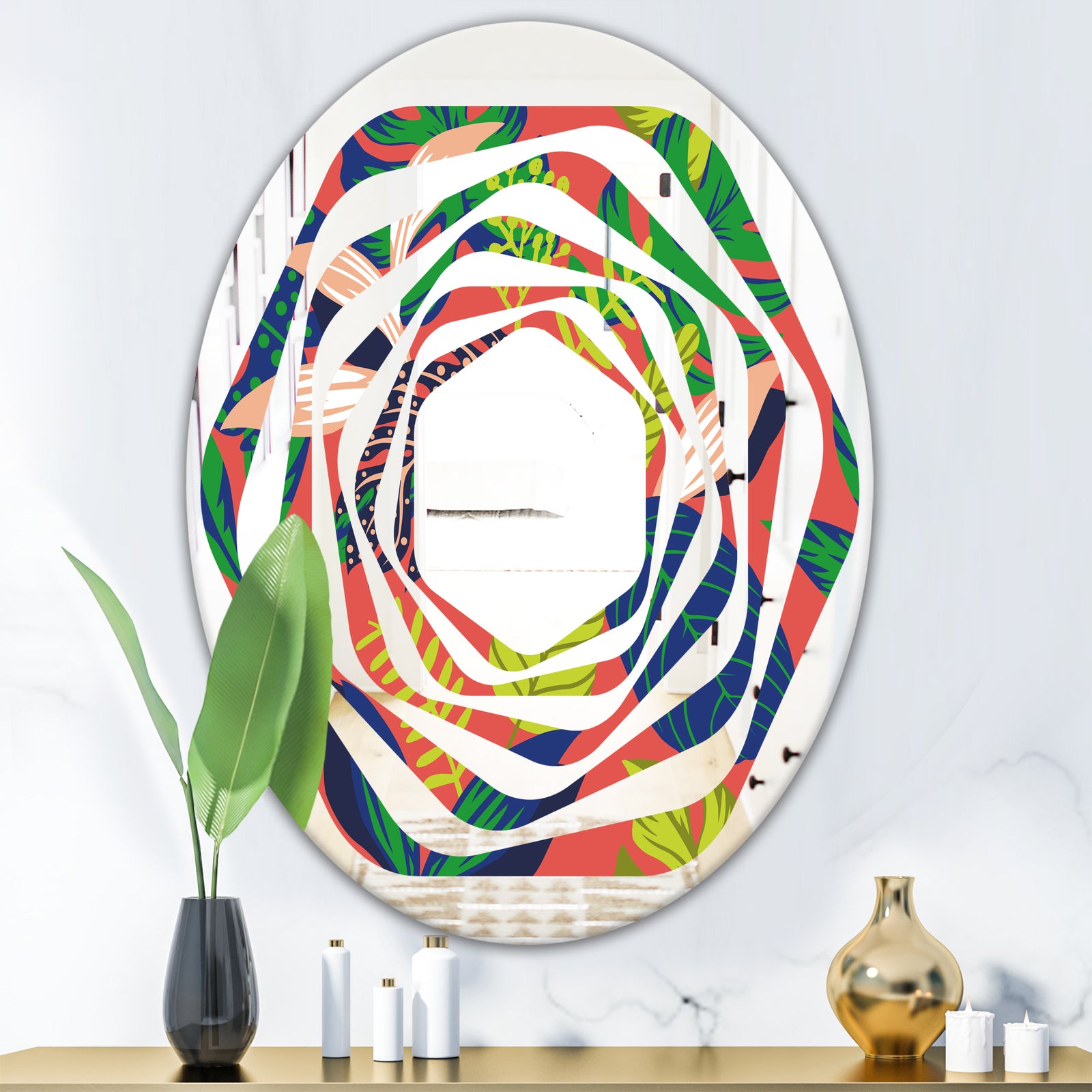 Retro Tropical Leaves I - Modern Round or Oval Wall Mirror - Whirl