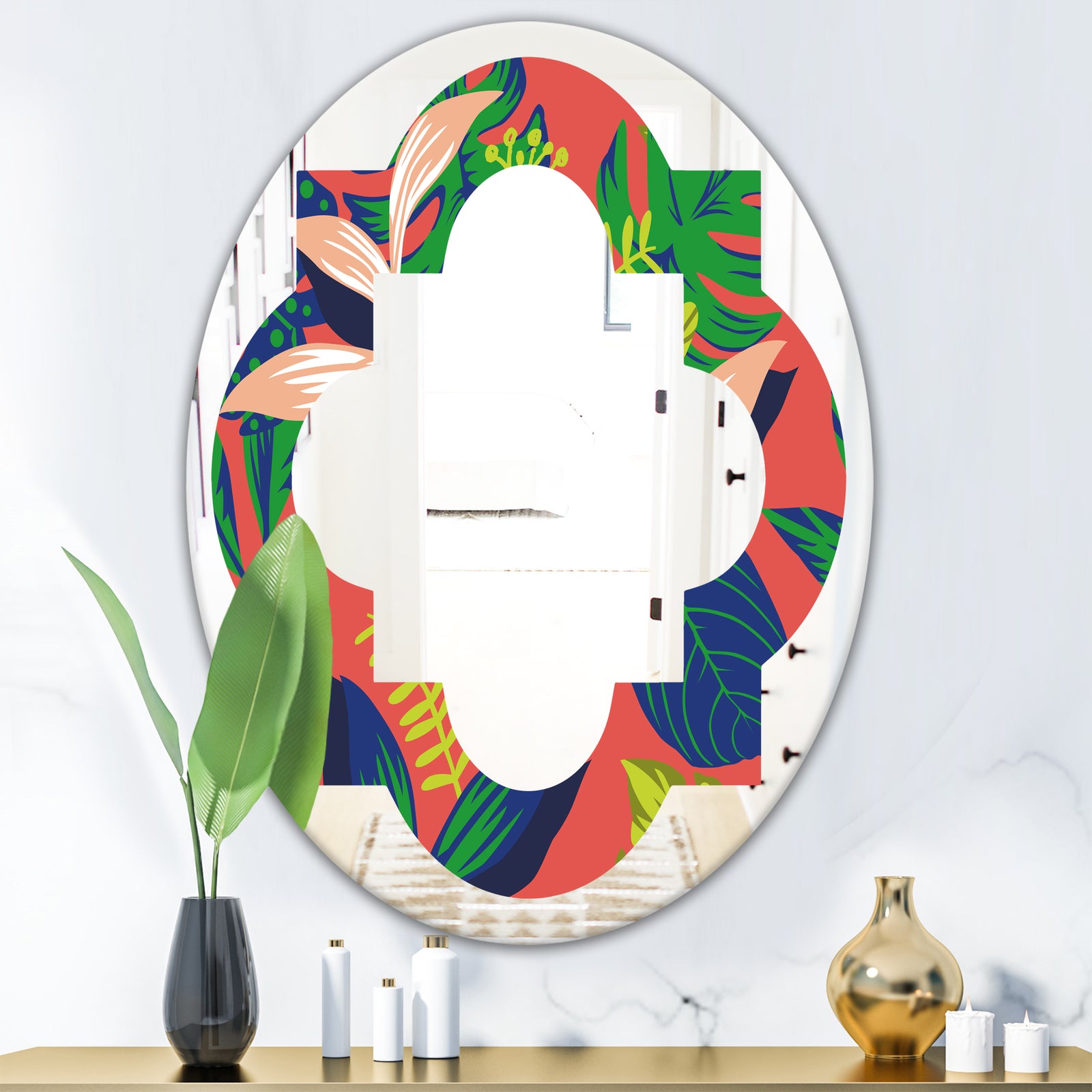 Retro Tropical Leaves I - Modern Round or Oval Wall Mirror - Quatrefoil