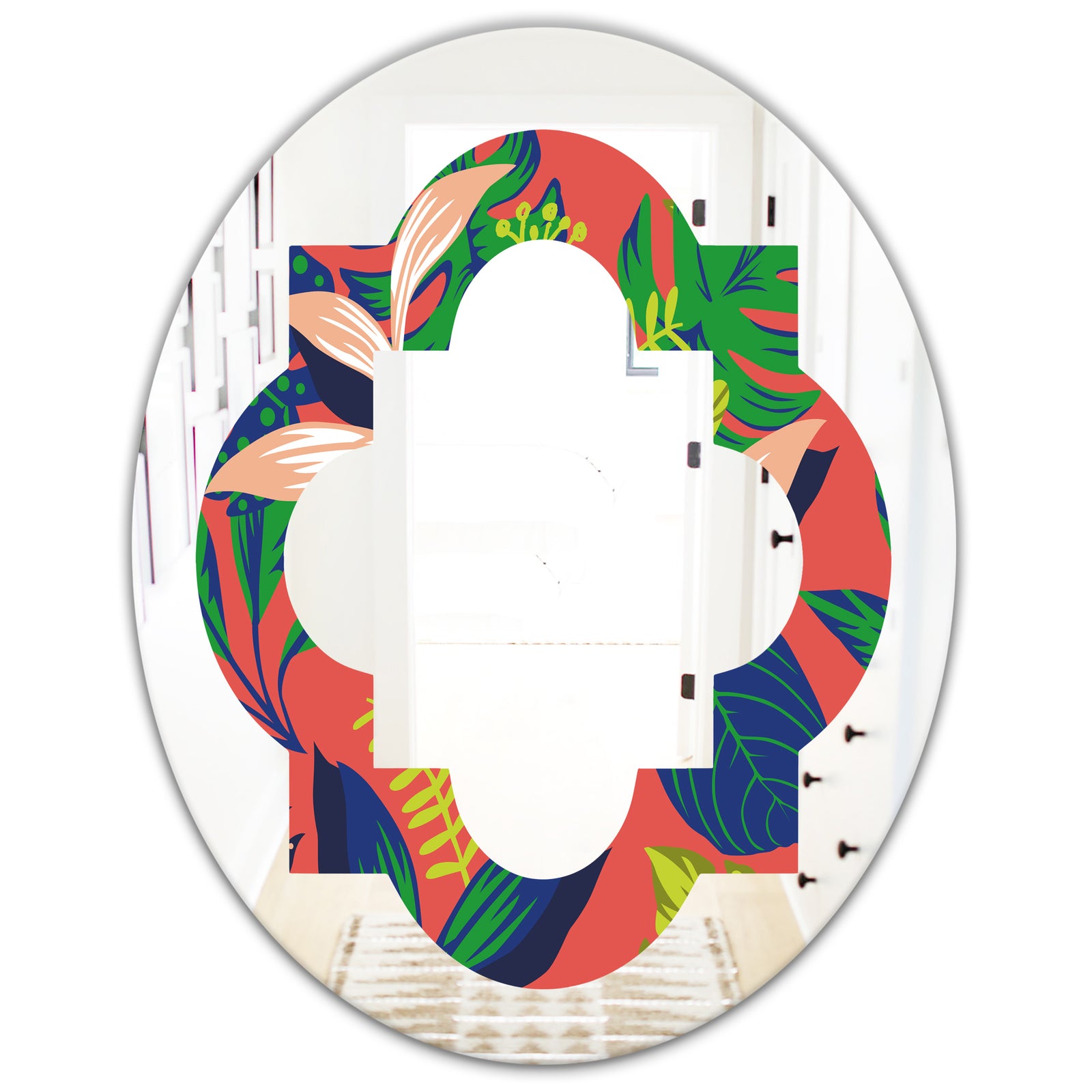 Retro Tropical Leaves I - Modern Round or Oval Wall Mirror - Quatrefoil