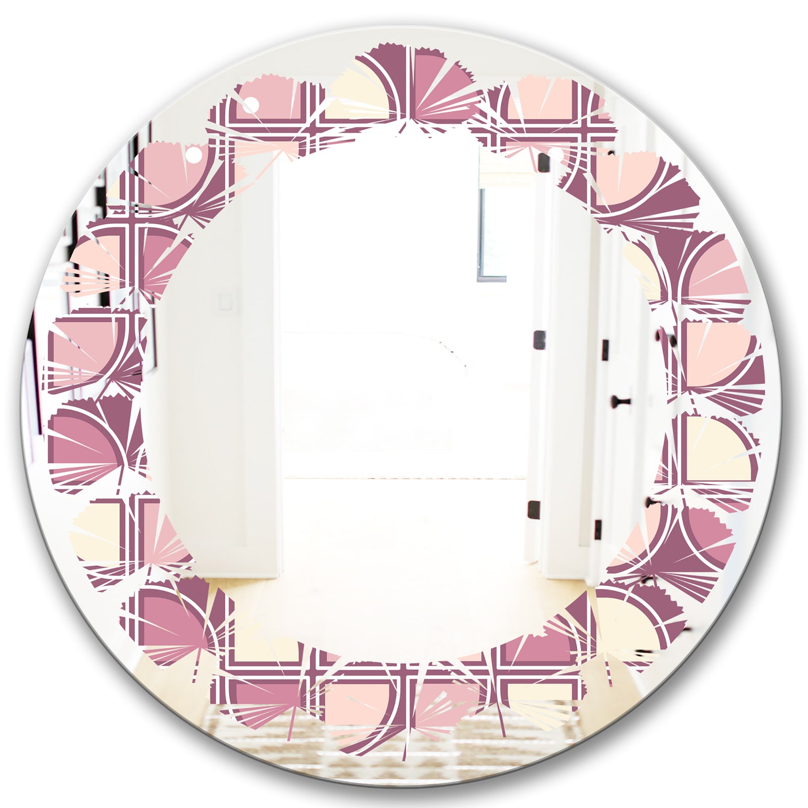 Retro Purple Pink Desing - Modern Round or Oval Wall Mirror - Leaves