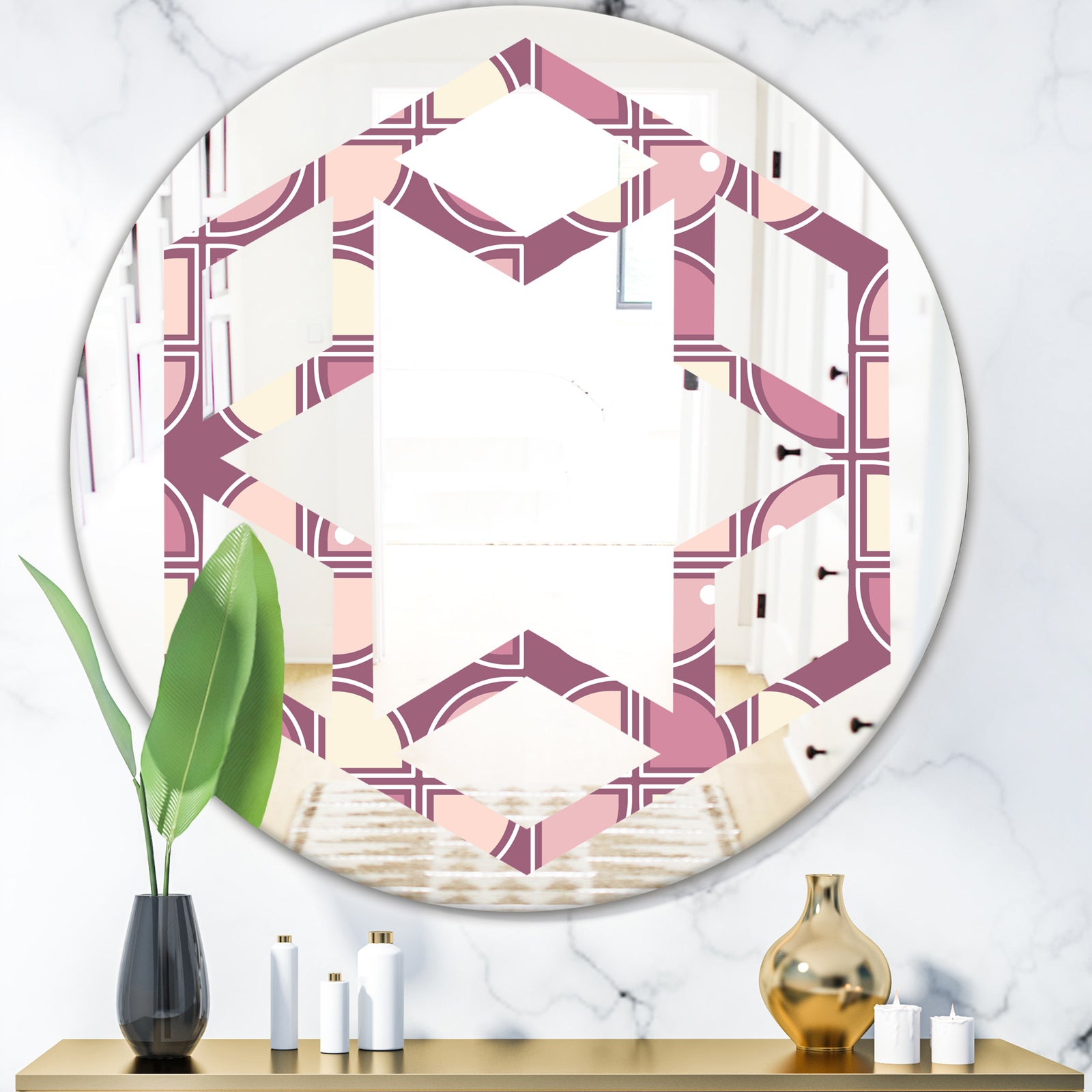 Retro Purple Pink Desing - Modern Round or Oval Wall Mirror - Hexagon Star