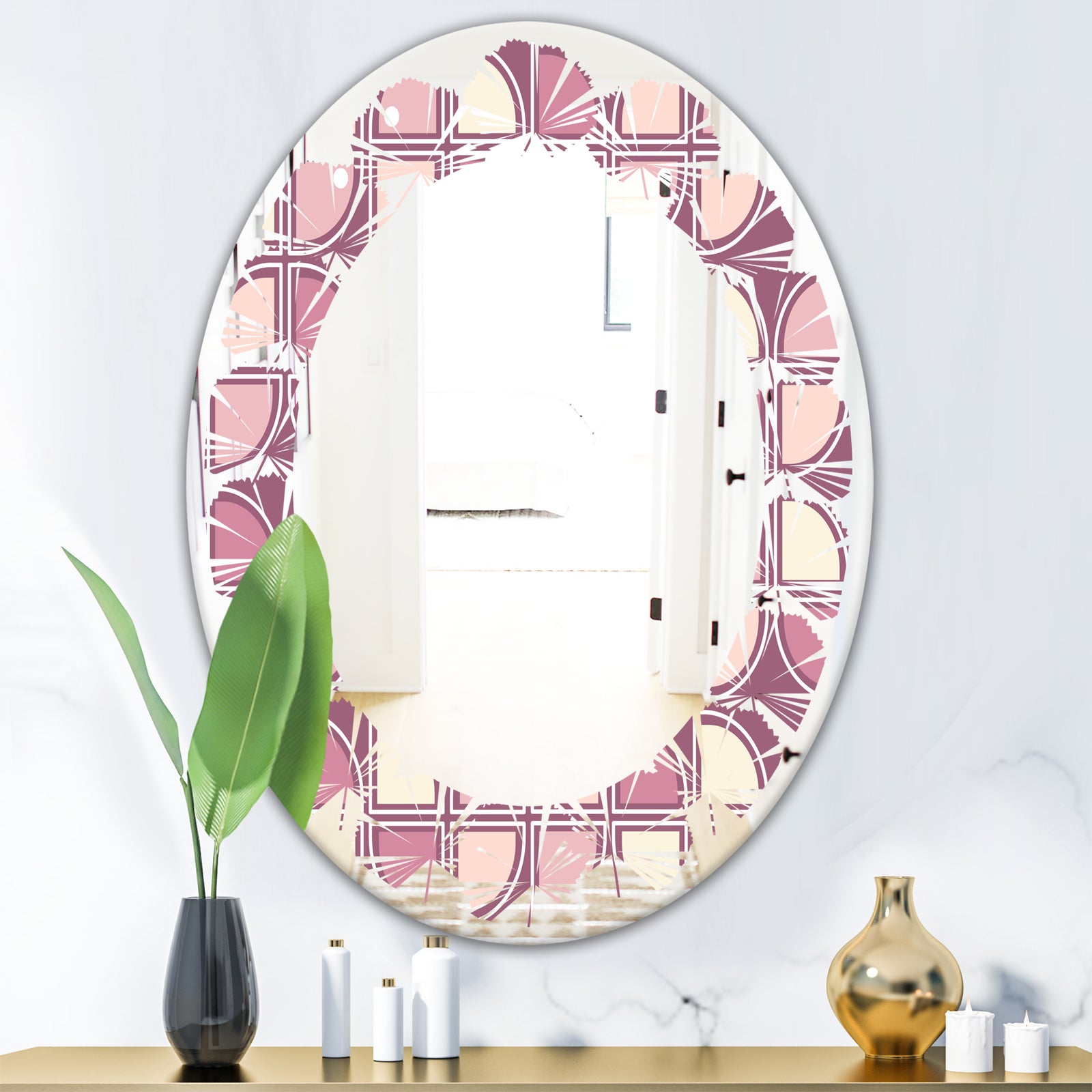 Retro Purple Pink Desing - Modern Round or Oval Wall Mirror - Leaves