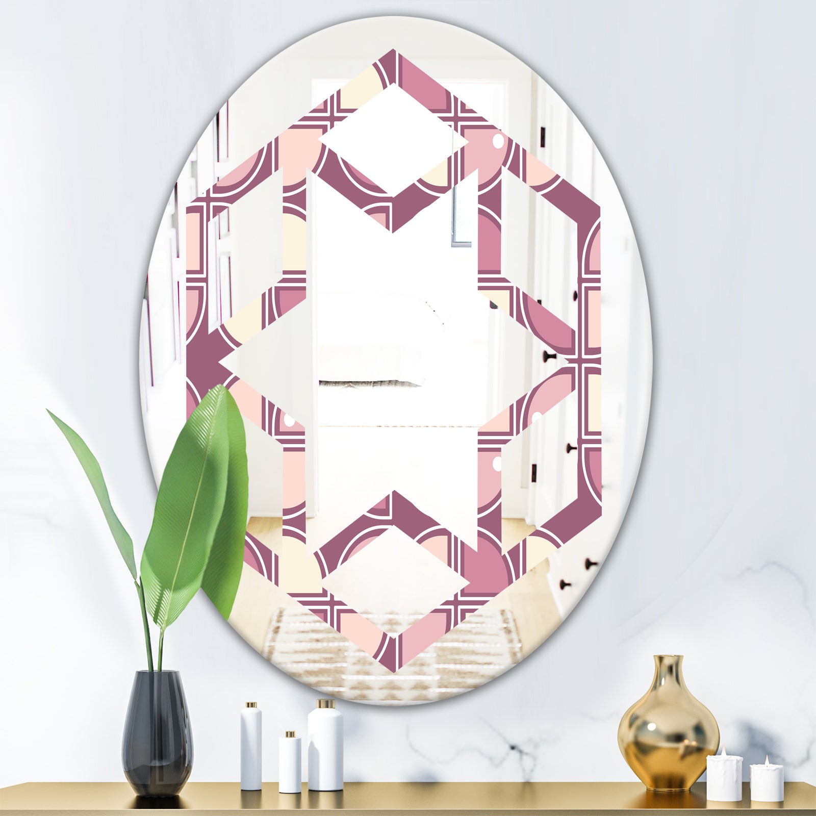 Retro Purple Pink Desing - Modern Round or Oval Wall Mirror - Hexagon Star