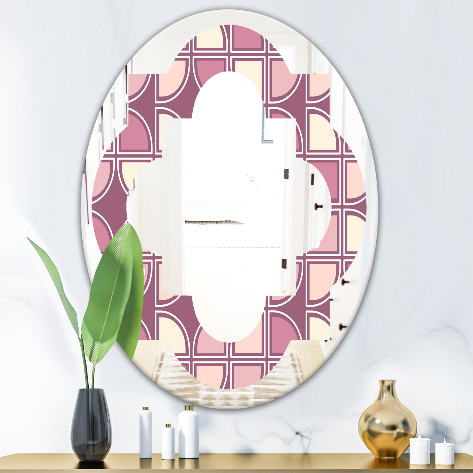 Retro Purple Pink Desing - Modern Round or Oval Wall Mirror - Quatrefoil