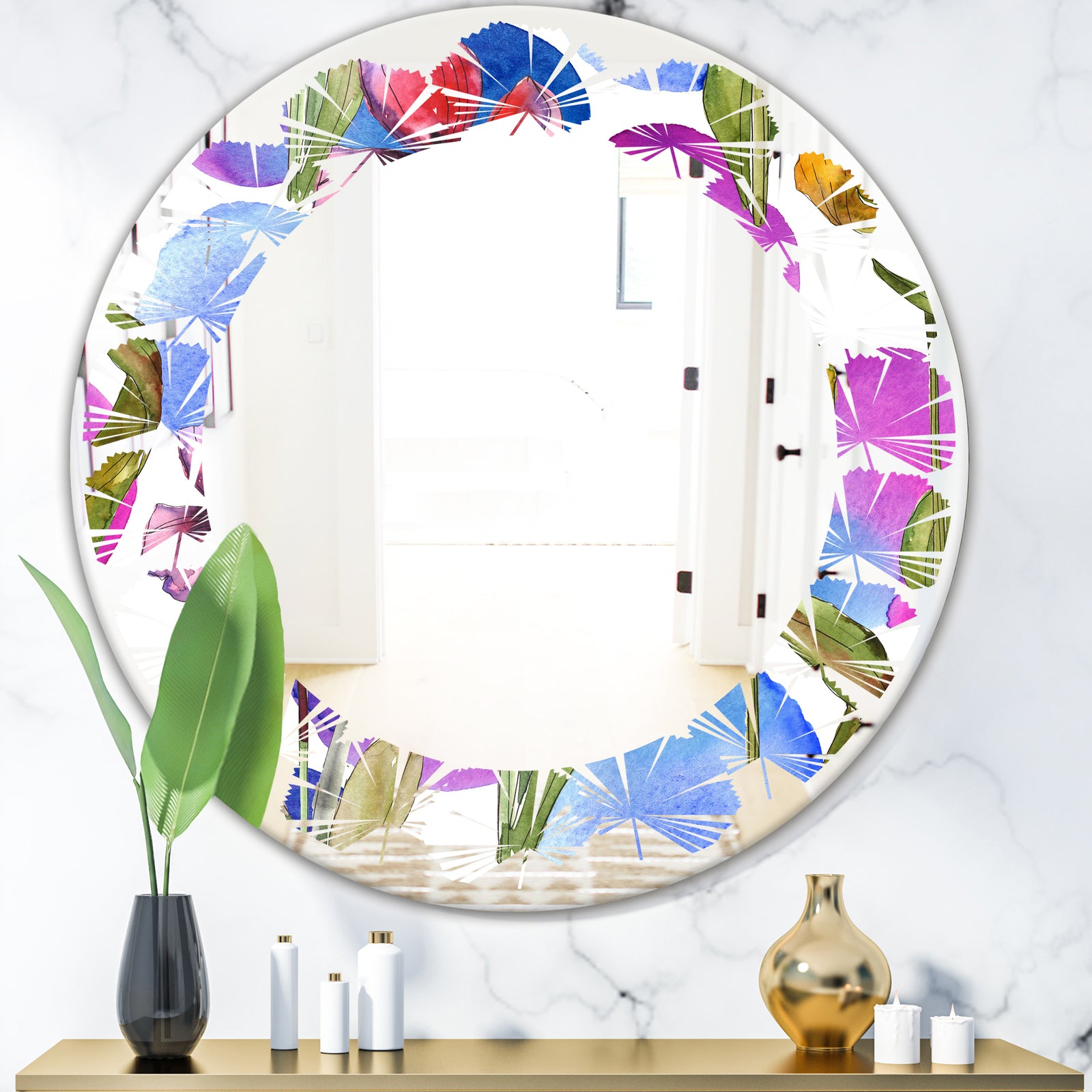 Retro Tulips in Purple - Cottage Round or Oval Wall Mirror - Leaves