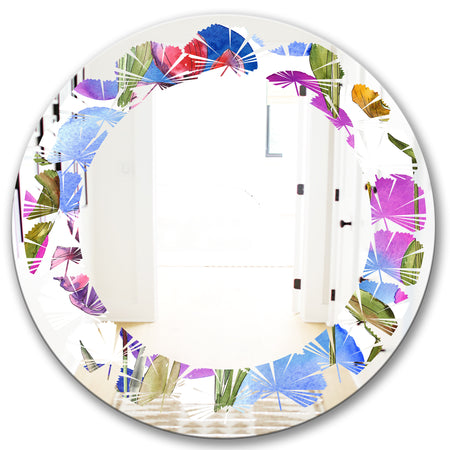 Retro Tulips in Purple - Cottage Round or Oval Wall Mirror - Leaves