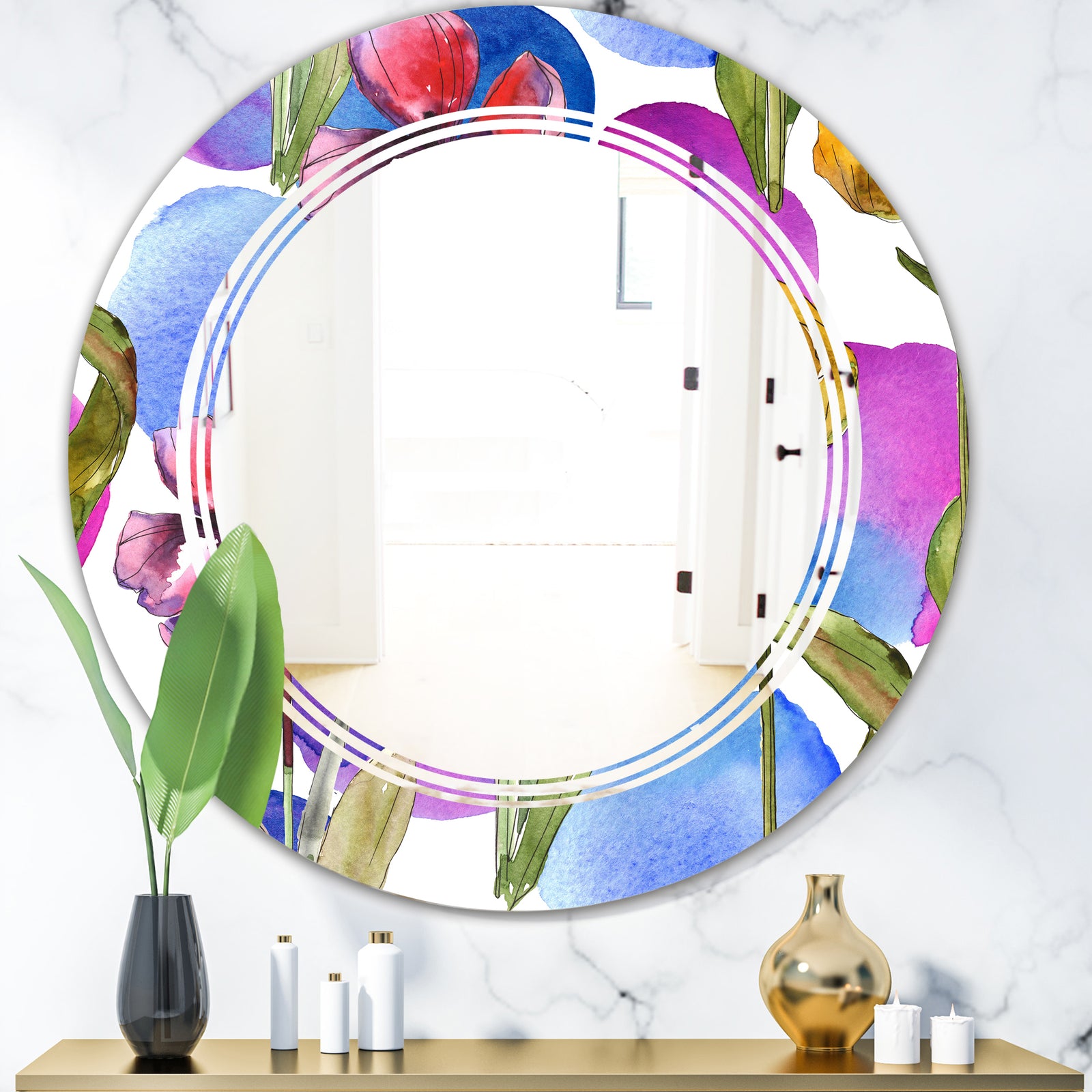 Retro Tulips in Purple - Cottage Round or Oval Wall Mirror - Triple C