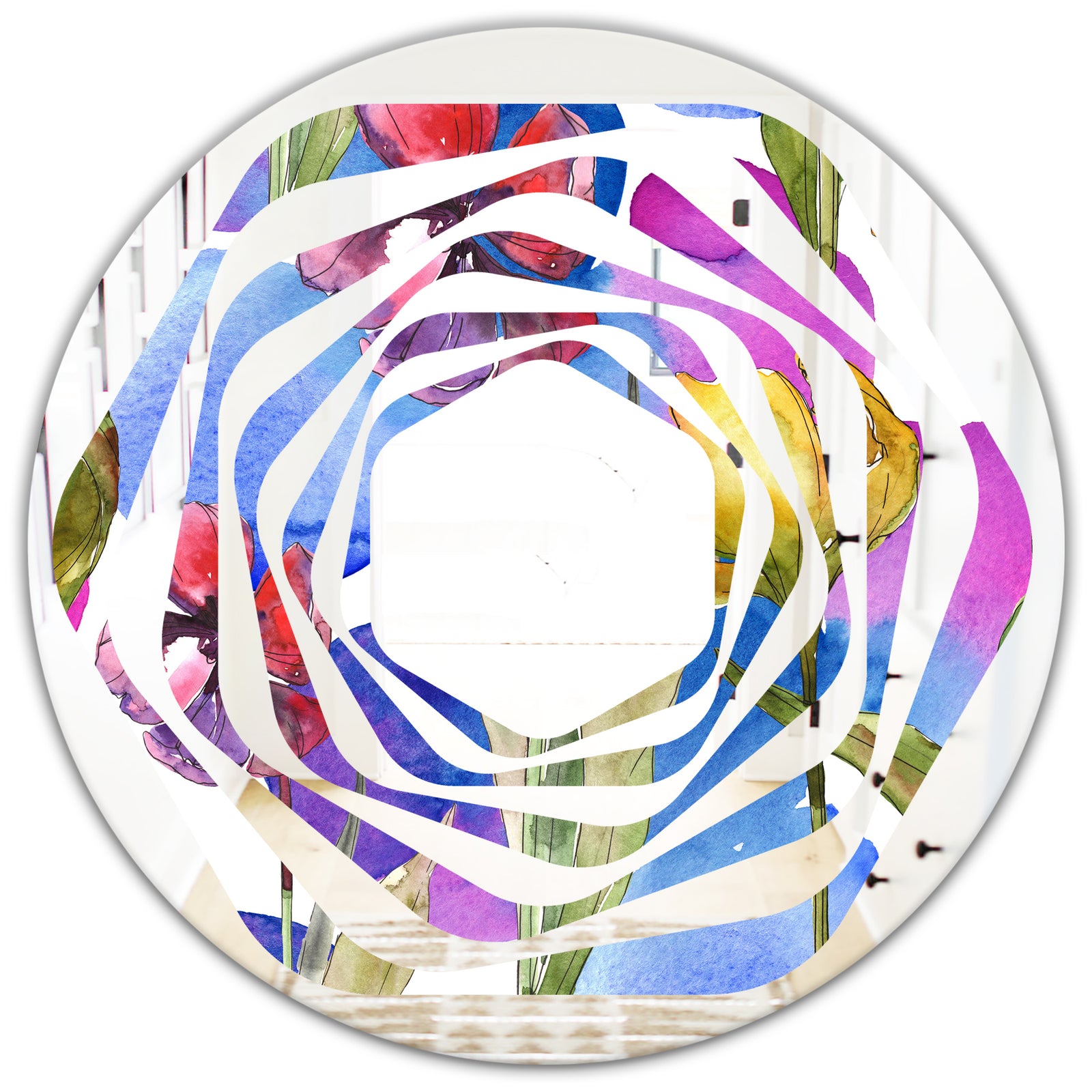 Retro Tulips in Purple - Cottage Round or Oval Wall Mirror - Whirl