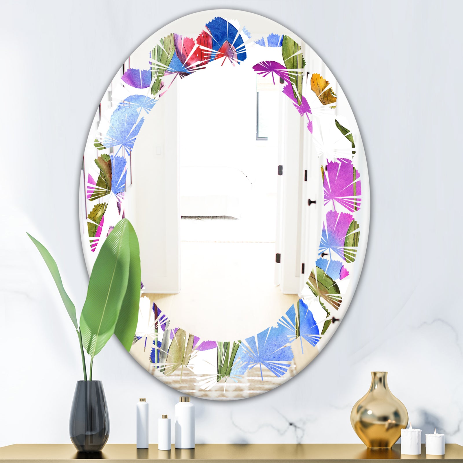 Retro Tulips in Purple - Cottage Round or Oval Wall Mirror - Leaves