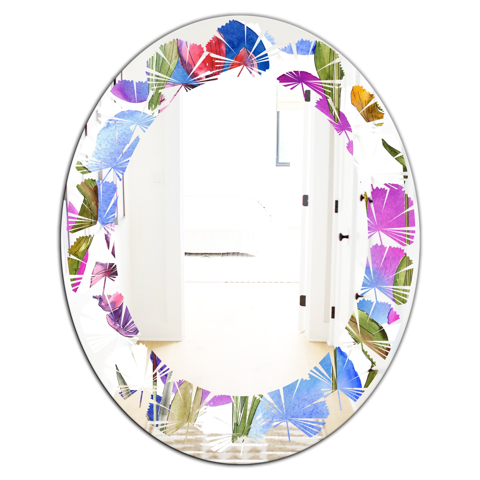Retro Tulips in Purple - Cottage Round or Oval Wall Mirror - Leaves