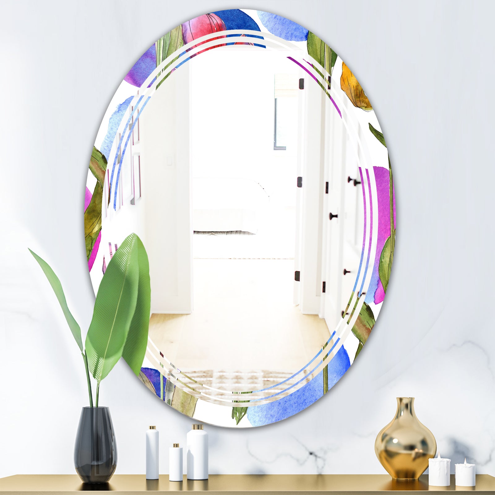 Retro Tulips in Purple - Cottage Round or Oval Wall Mirror - Triple C