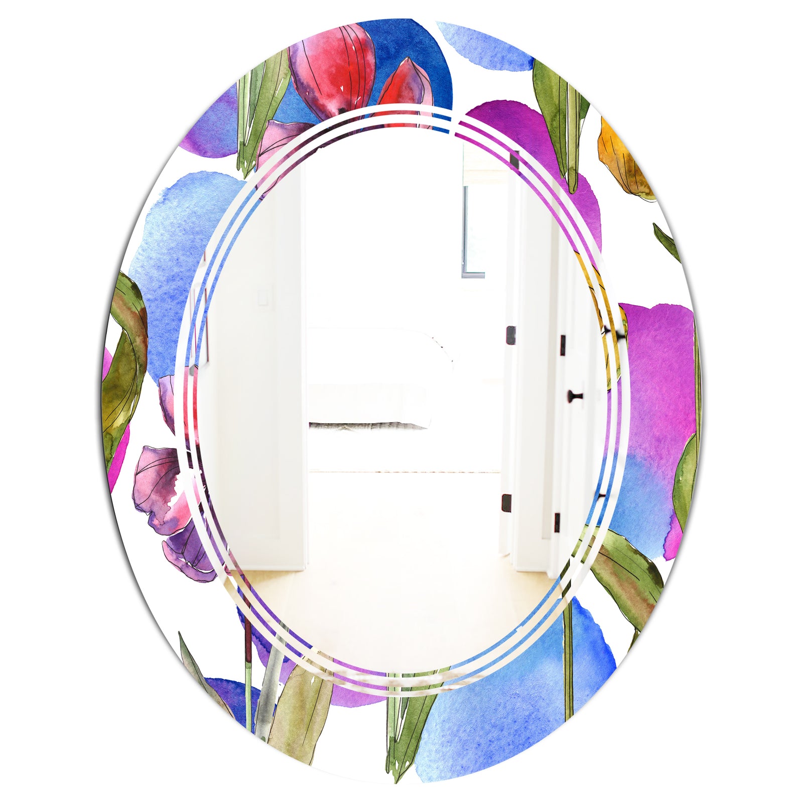 Retro Tulips in Purple - Cottage Round or Oval Wall Mirror - Triple C