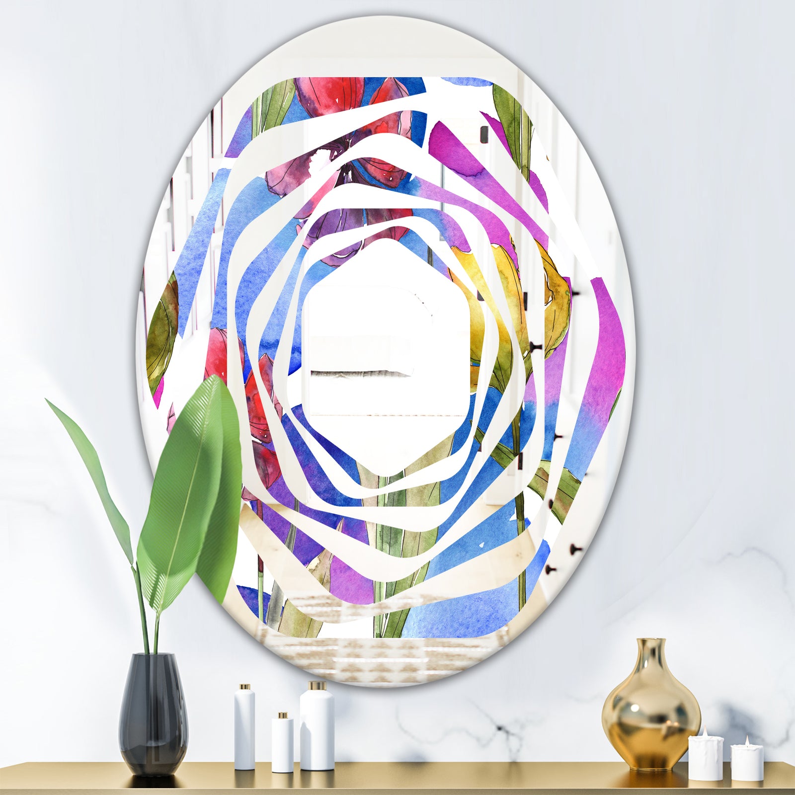 Retro Tulips in Purple - Cottage Round or Oval Wall Mirror - Whirl